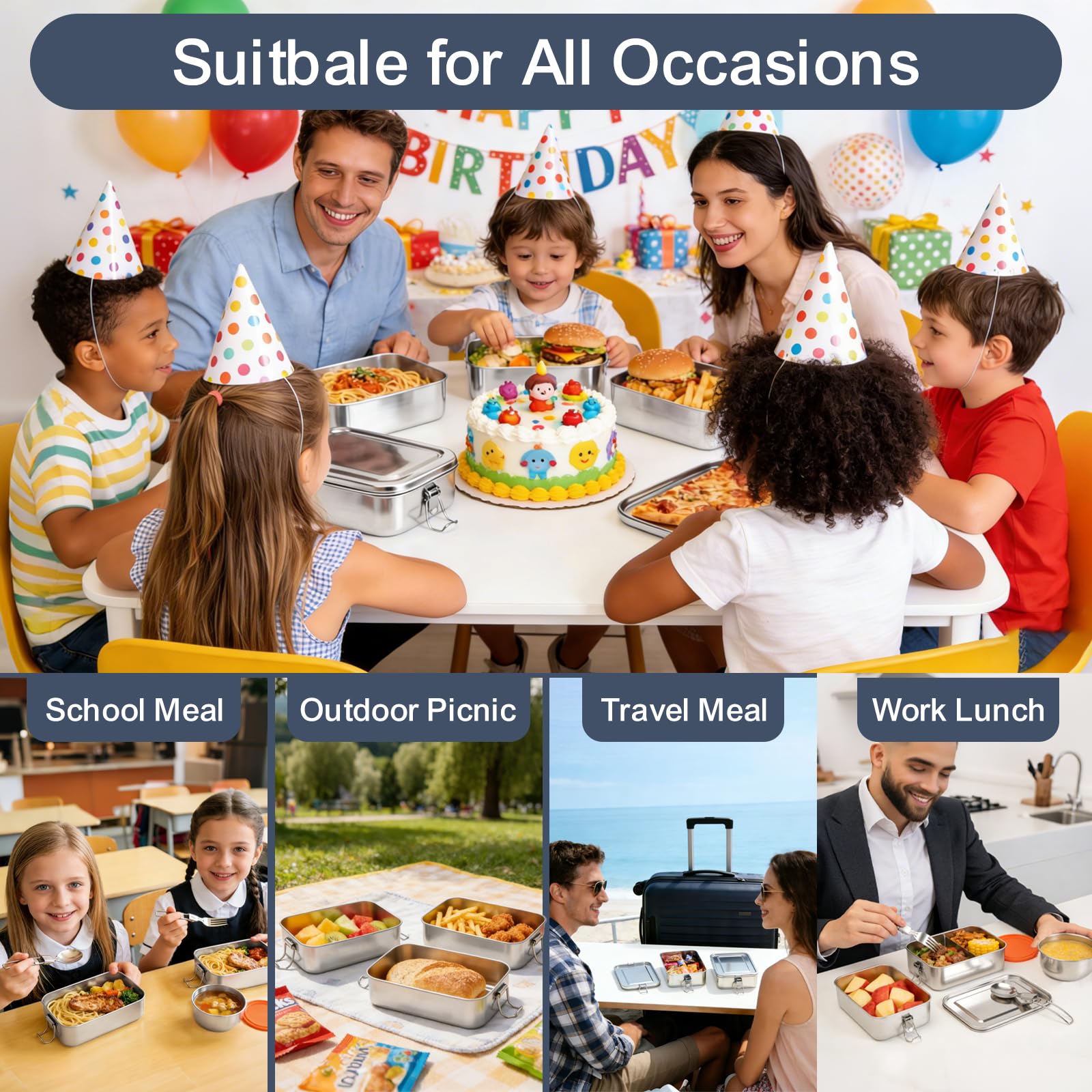 Lot de 2 grandes boîtes à déjeuner Bento en acier inoxydable avec couverts, 1400 ml avec compartiment amovible, portable, étanche, pour adultes, enfants, école, maison, bureau