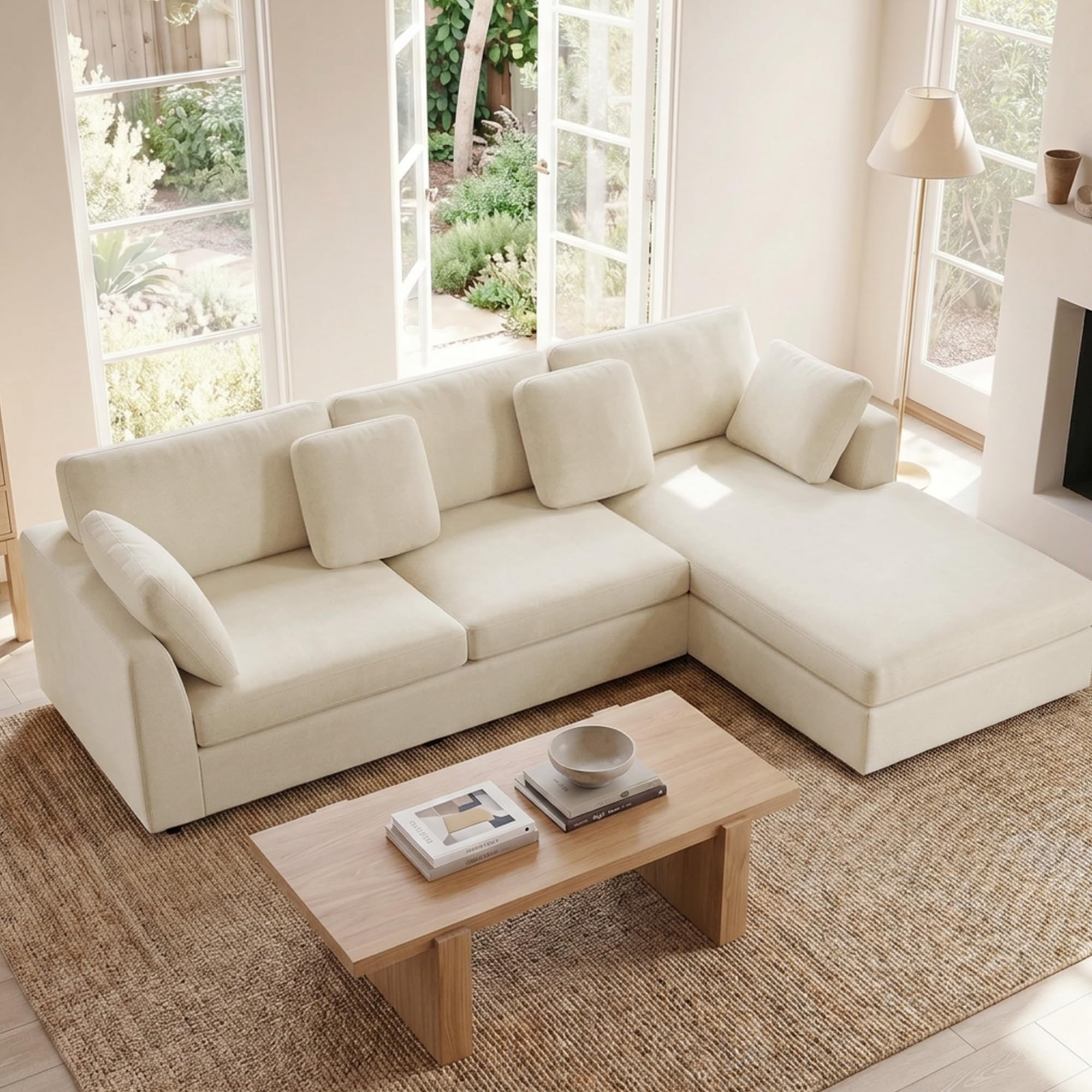 Kingfun 274cm Ecksofa Cream mit Schlaffunktion, 3 Sitzer L Form Eckcouch Chenille für Wohnzimmer & Schlafzimmer, L Form Big Sofa mit Veränderbare Chaiselongue für Büro & Apartment