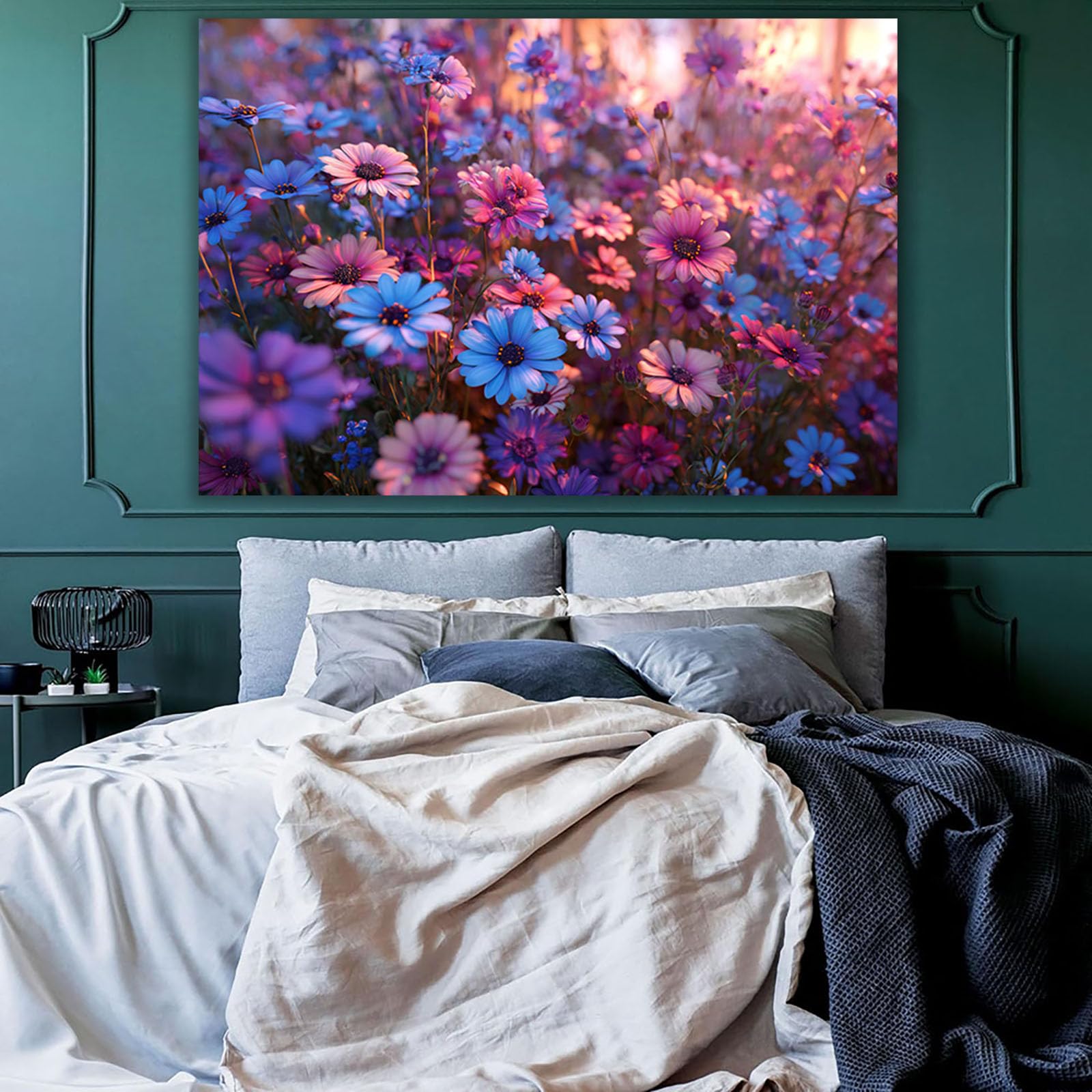 ZAMAEIU Nowoczesna zielona roślina plakat kolorowe pola kwiatowe do sypialni, biura, korytarza, wejścia (fioletowy)-80 x 120 cm w ramie