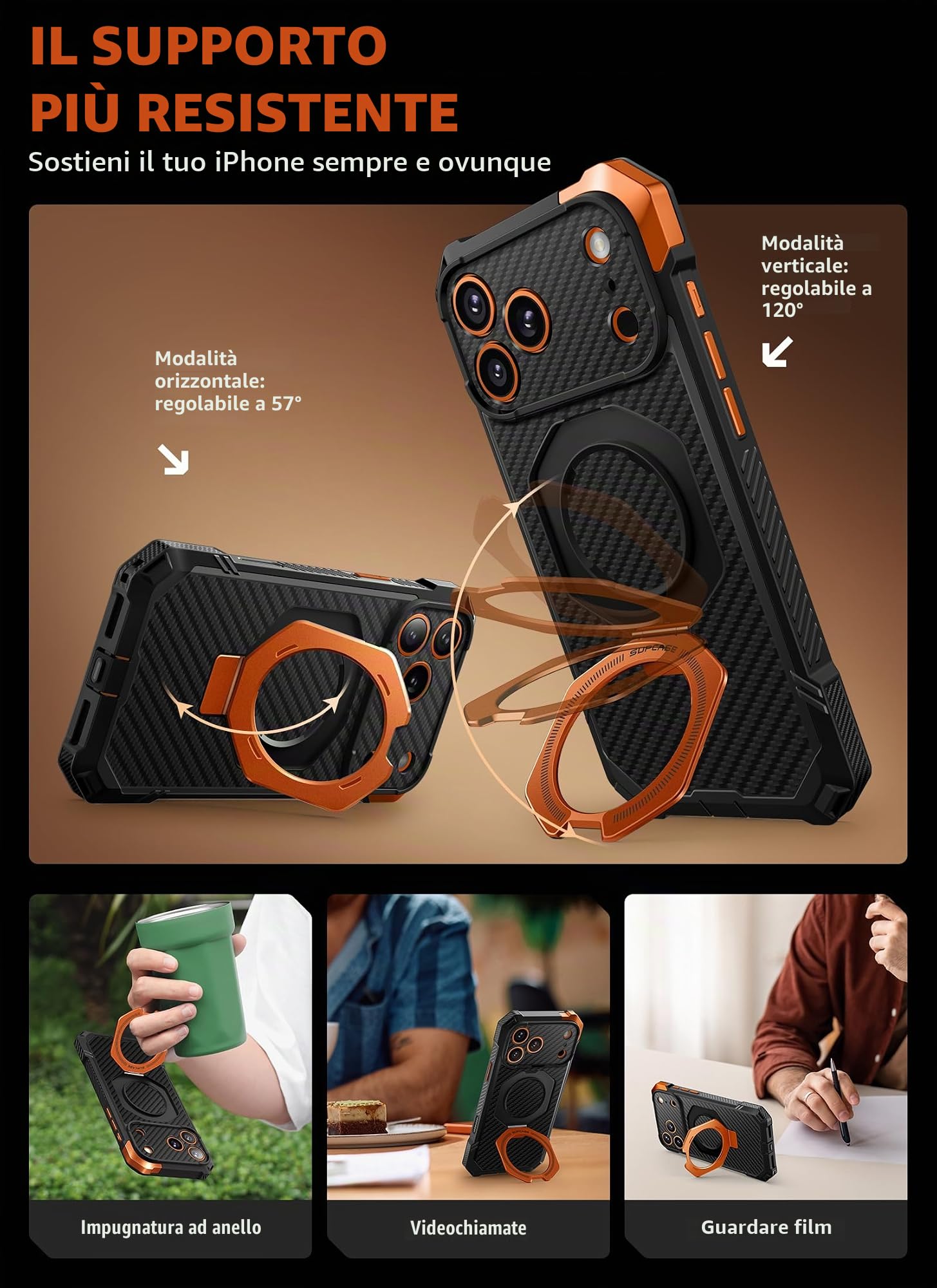 SUPCASE Cover per iPhone 17 Pro Max 6.9 Pollici con Supporto, [Compatibile con MagSafe] [Protezione Militare dalle Cadute] - Custodia Magnetica Robusta e Resistente (Nero-Arancione)