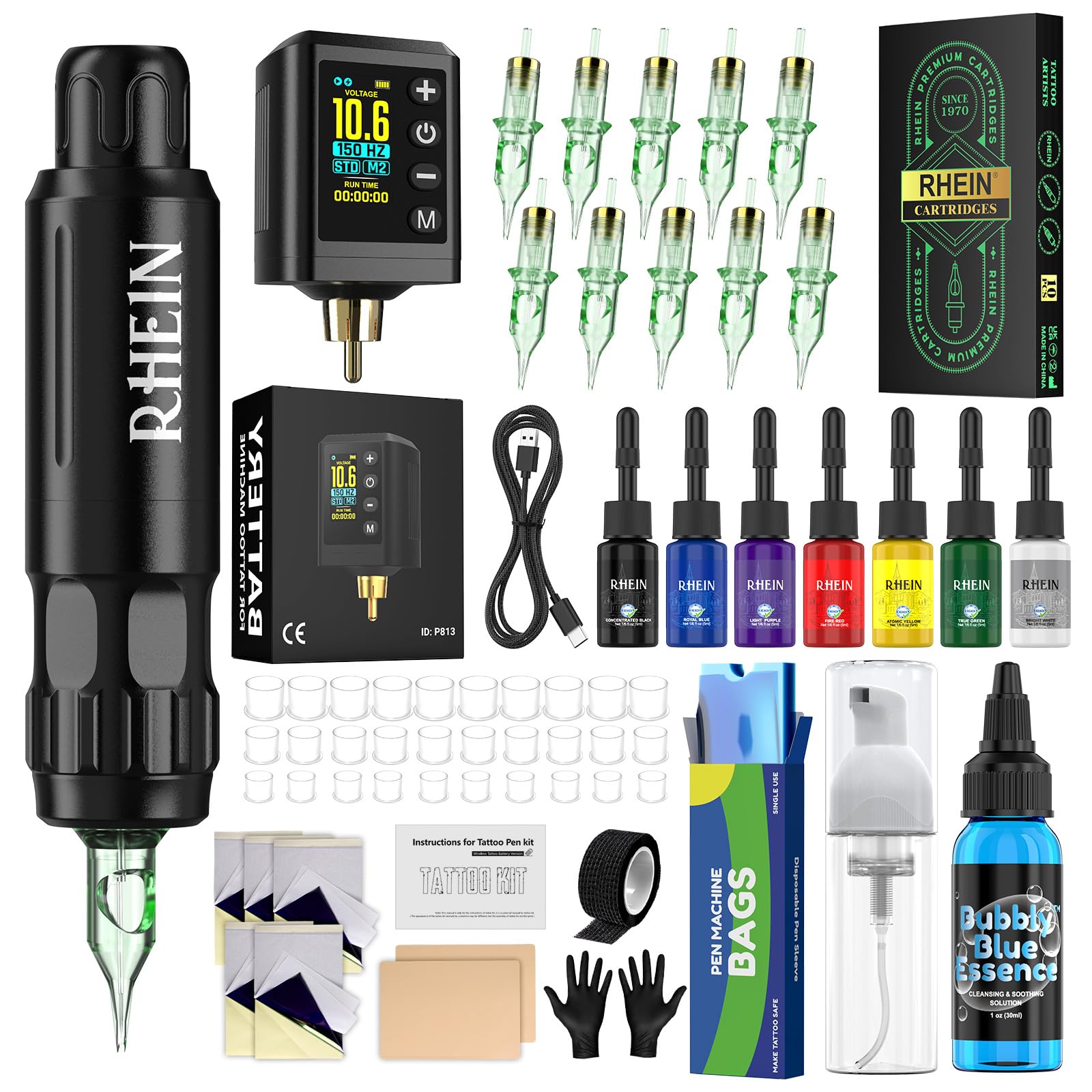 RHEIN Maquina de Tatuar Kit de Tatuaje Completo, 1600mAh LED Bateria Fuente de Alimentacion, 4 modos de memoria STD/NPS,Agujas de Tatuaje, Tintas Colores para Tatuar con Todos Necesitos