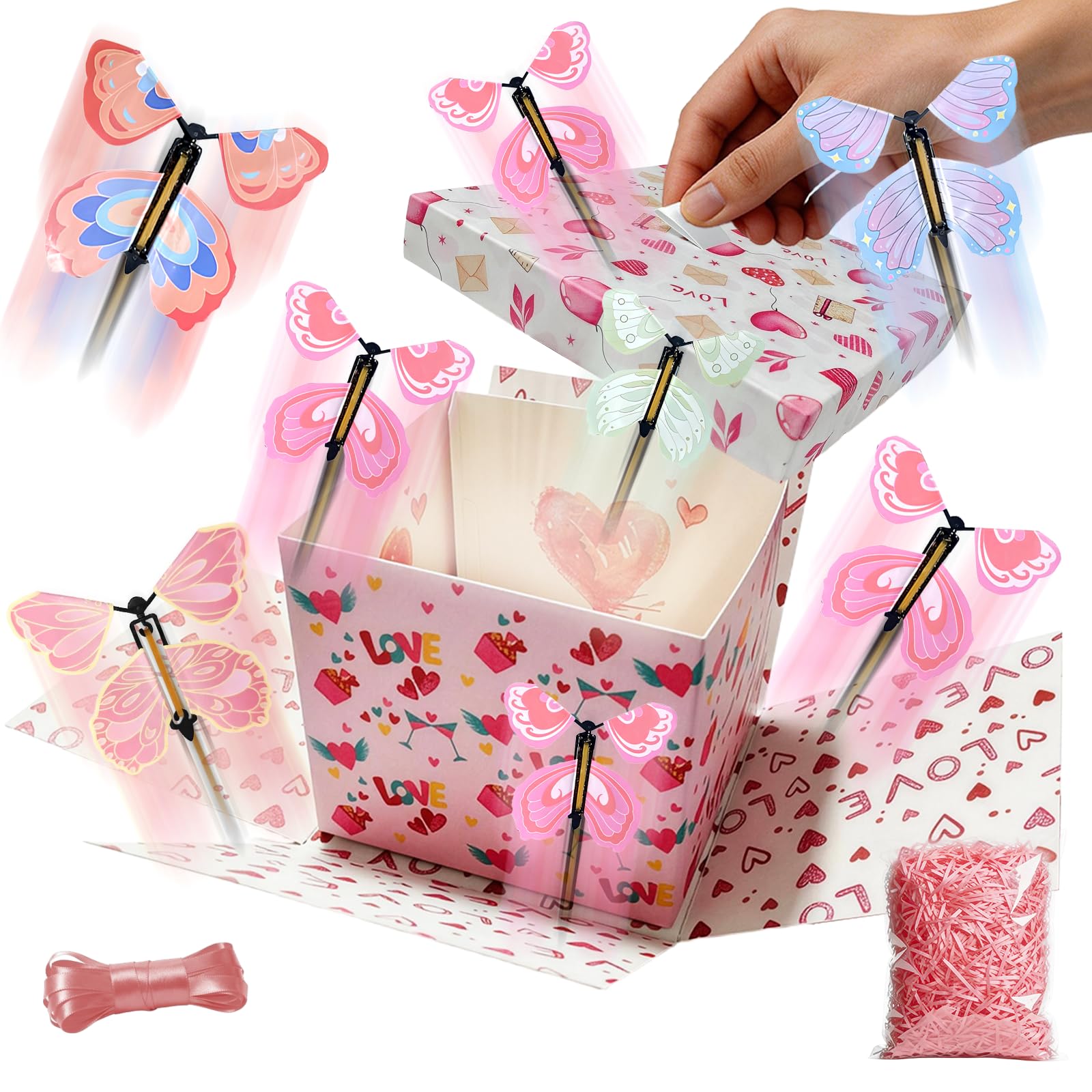 Butterfly Explosion Gift Box, 8Pcs Flying Butterflies Exploding Surprise Box,Creative DIY Pop Up Gifts Boxes for Valentine's Day Birthday New Year Anniversary Presents (Pink White)