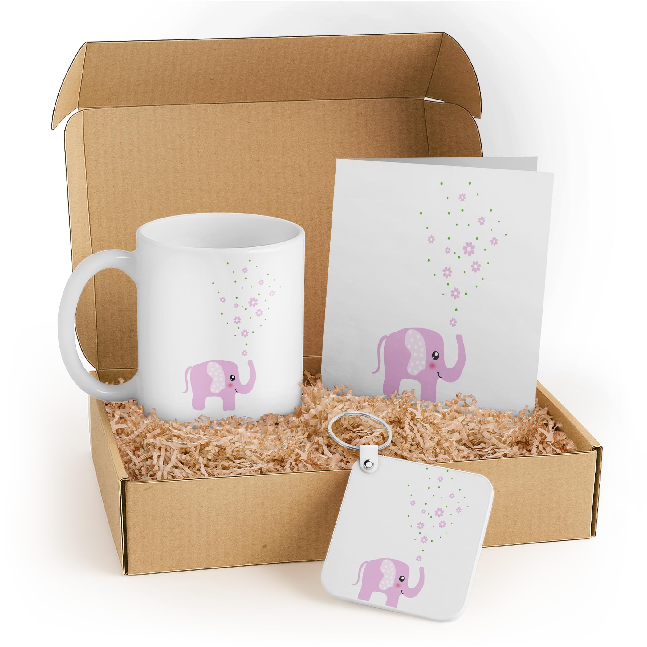3dRose Cute Baby Girl Nursery Gift Set – Pink Elephant Mug, Card, and Keychain – Perfect for Baby Showers and Nursery Decor