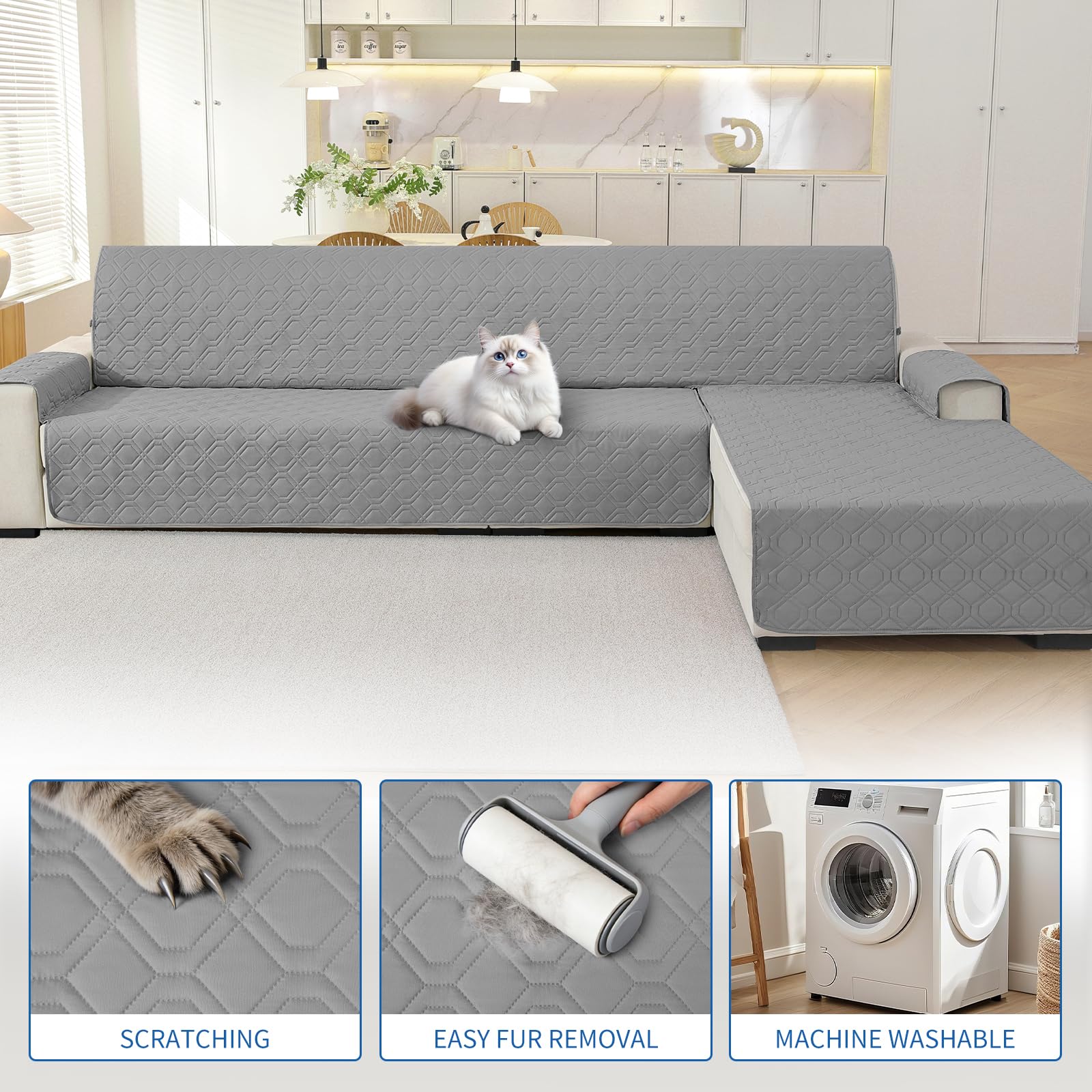 YSTELLAA Fundas para Sofa Chaise Longue 3 Plazas, Funda Sofá Chaise Longue Izquierdo/Derecho Universal Reversible, Impermeable Funda Sofa Rinconera, Sofa Cover Forma De L, Gris Claro