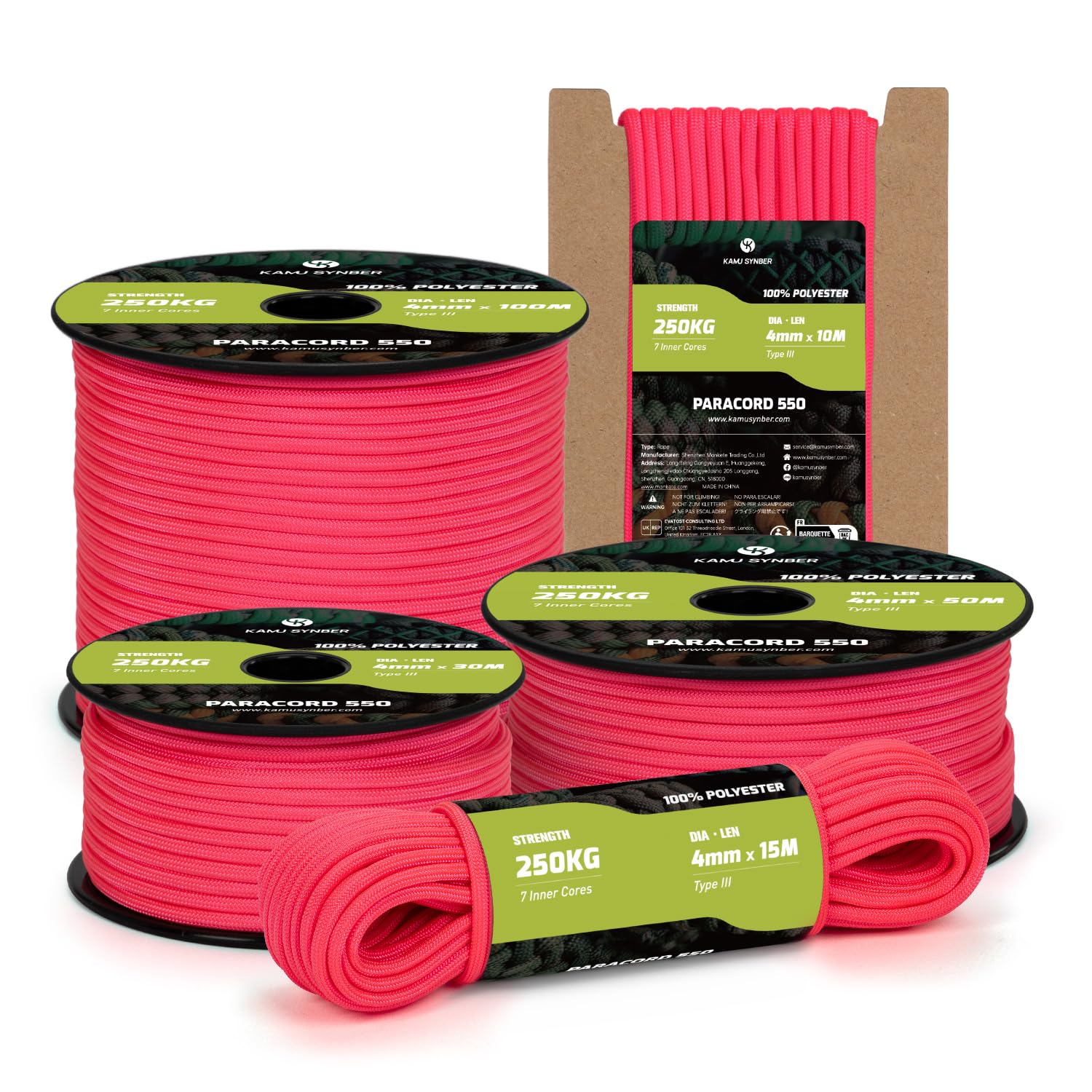Kamu Synber Paracord 550 Type III 4mm 10m 7 Strands 100% Polyester Rope Parachute Cord Ideal for Crafting, Outdoor, Survival | Support 250kg | Rose Pink