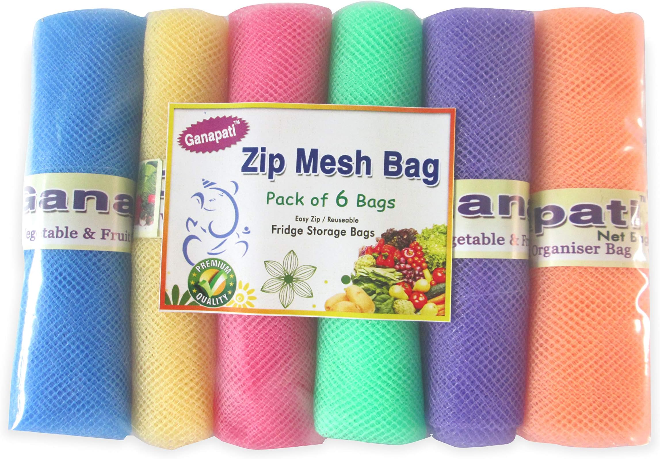 Ganapati Fridge Vegetable and Fruit Reusable Net Bag with Zip Multicolour Pack of 6 (16 x 10) Inches