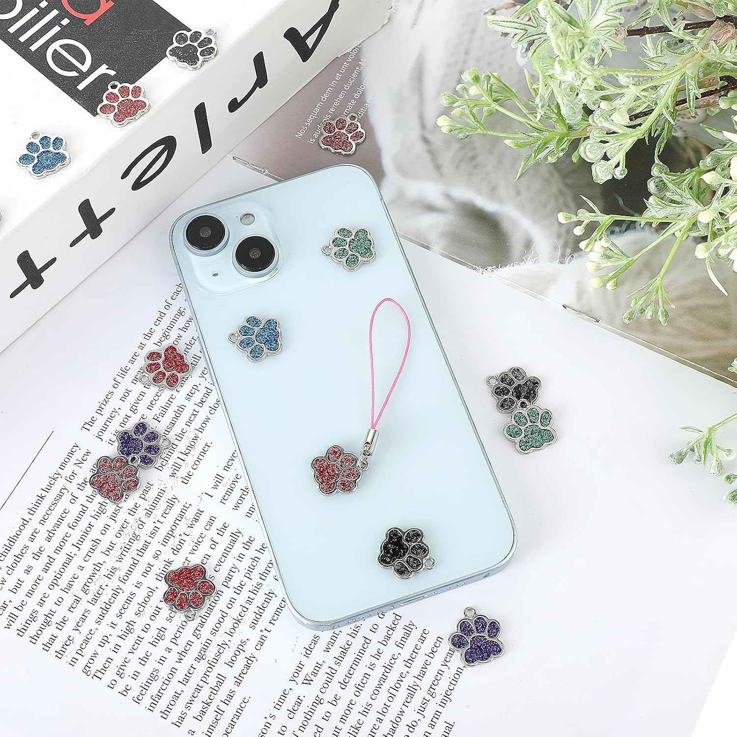 42pcs Dog Paw Print Charms for Jewelry Making - Glitter Footprint Animal Charms - Silver Enamel Paw Print Beads for DIY Bracelets, Keychains & Necklaces