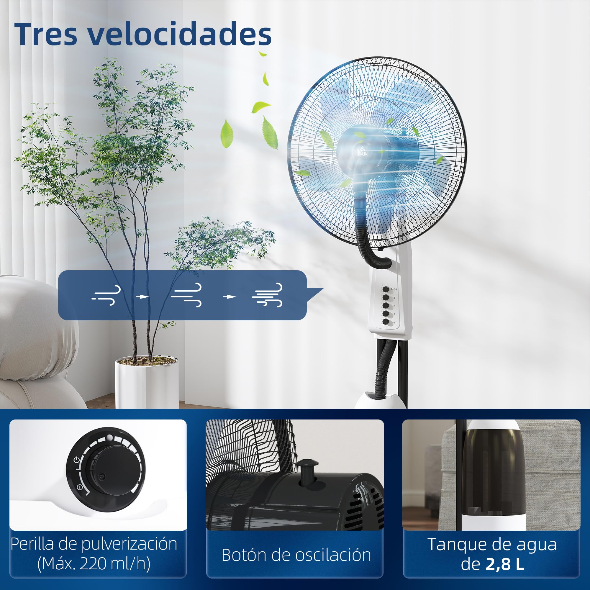 HOMCOM Ventilador Silencioso con Nebulización 90W, Ventilador de Pie de 120cm con 3 Velocidades, Oscilación de 70°, Cabezal Ajustable, Depósito de Agua de 2,8L, Blanco