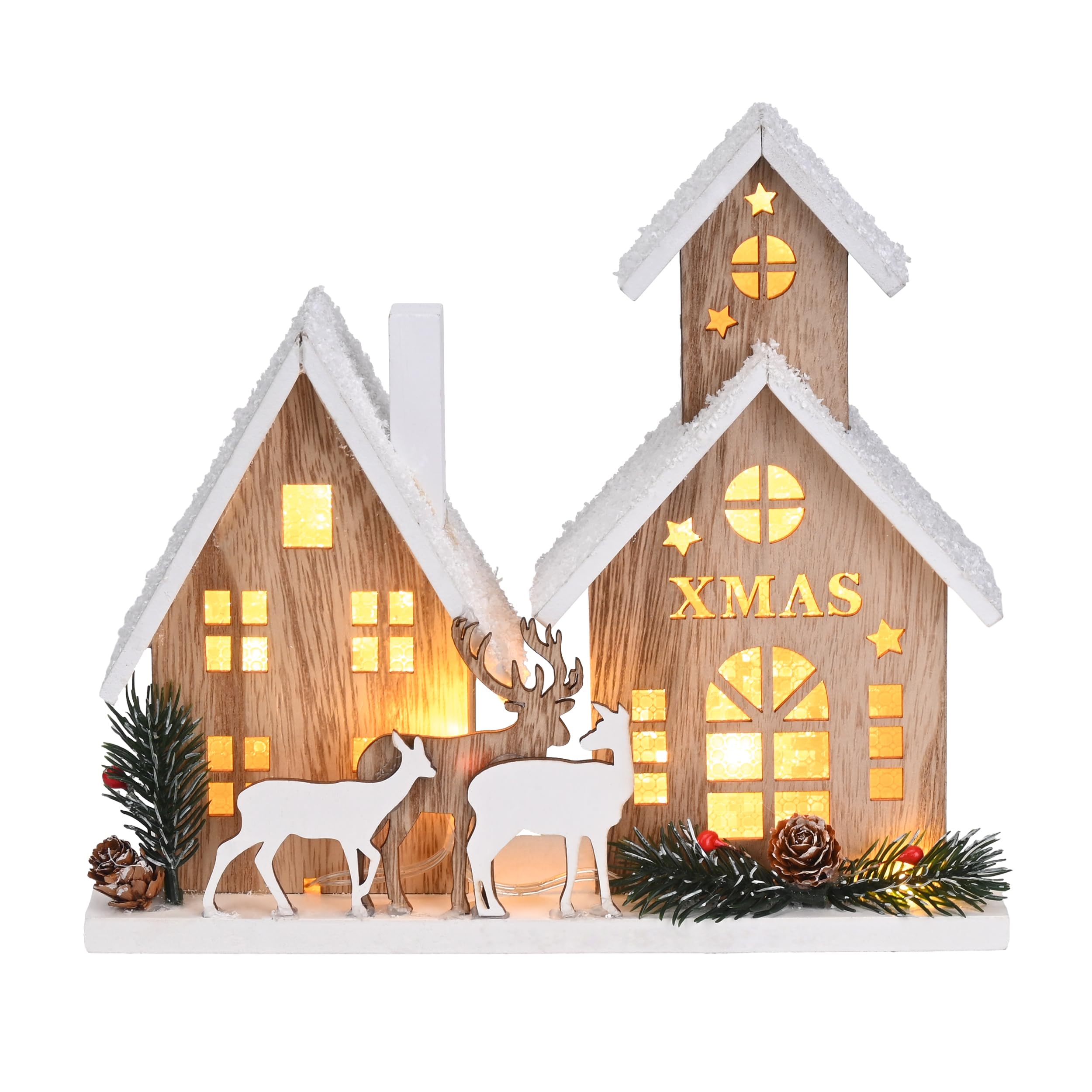 Valery Madelyn Holz Weihnachtsdeko mit LED Lichtern, Skandinavische Hütte Rustikale Weihnachtshaus Dekoration Fensterdeko mit Elch, Baum Winter Hüttenlandschaft, Bronze 20.5x23cm Küche, Haushalt & Wohnen