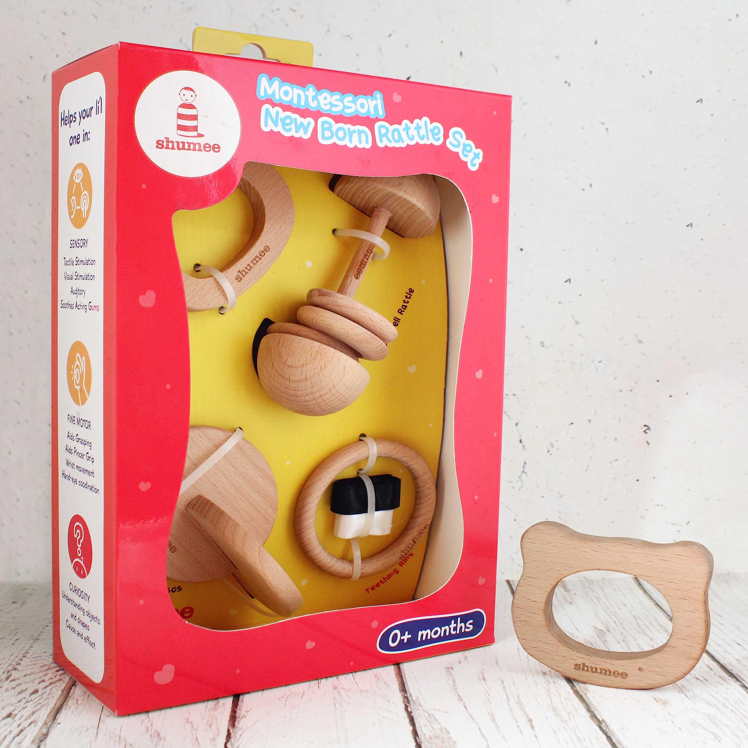 Shumee Wooden Multi-Stage Sensory Montessori Rattle & Teether 4 PCs Gift Set- Dumbell Shaped Rattle, Connecting Disc, Bear Teether, Teething Ring| Toys for Newborns, Crawling Babies & Walking Toddlers (B0C85HZZ6Y) Amazon Price History, Amazon Price Tracker