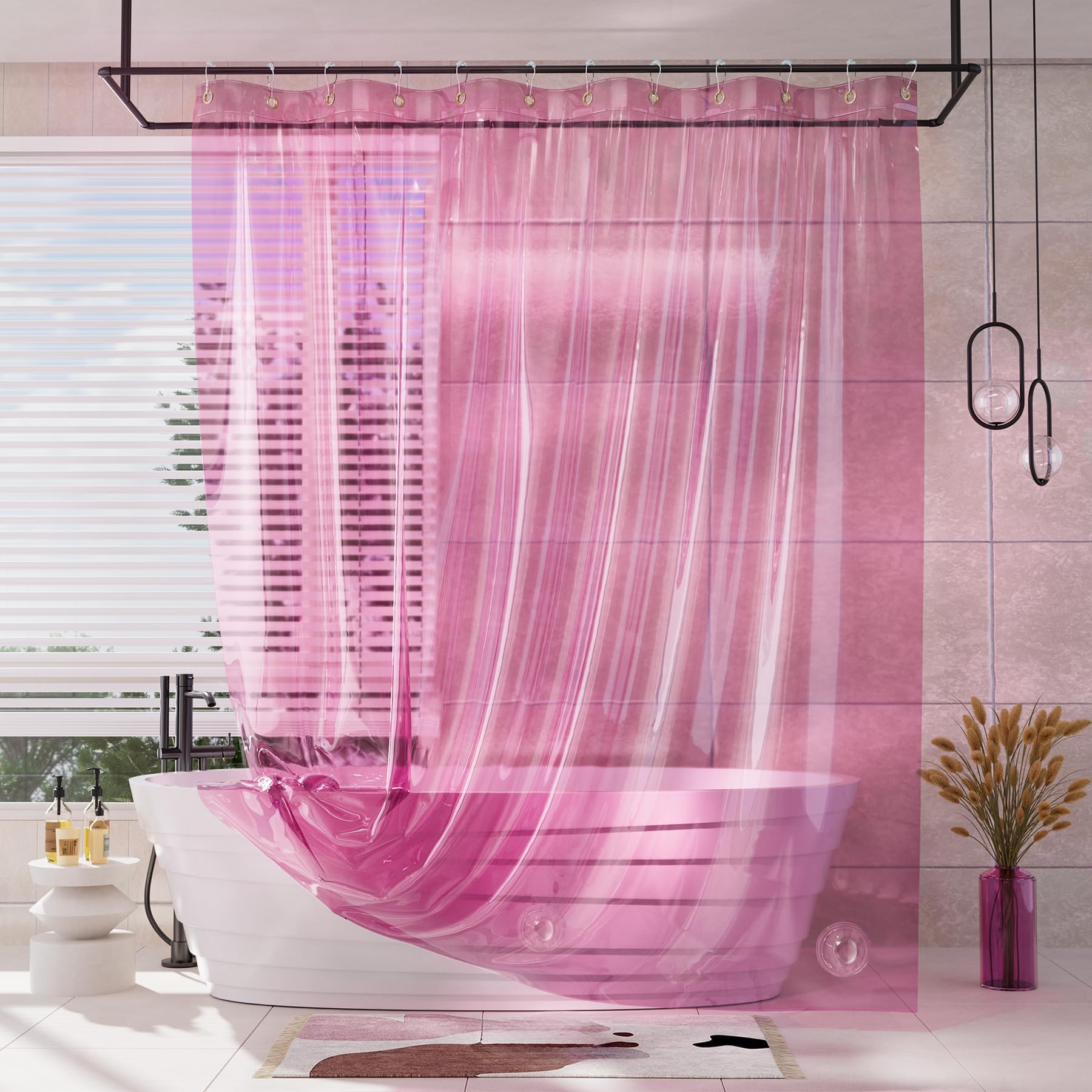 AmazerBath Pink Clear Shower Curtain Liner for Valentines, 100% EVA Soft Heavy Duty Shower Curtain and Liner 2-in-1, 72x72 Luxury Plastic Weighted Shower Liner Bathroom