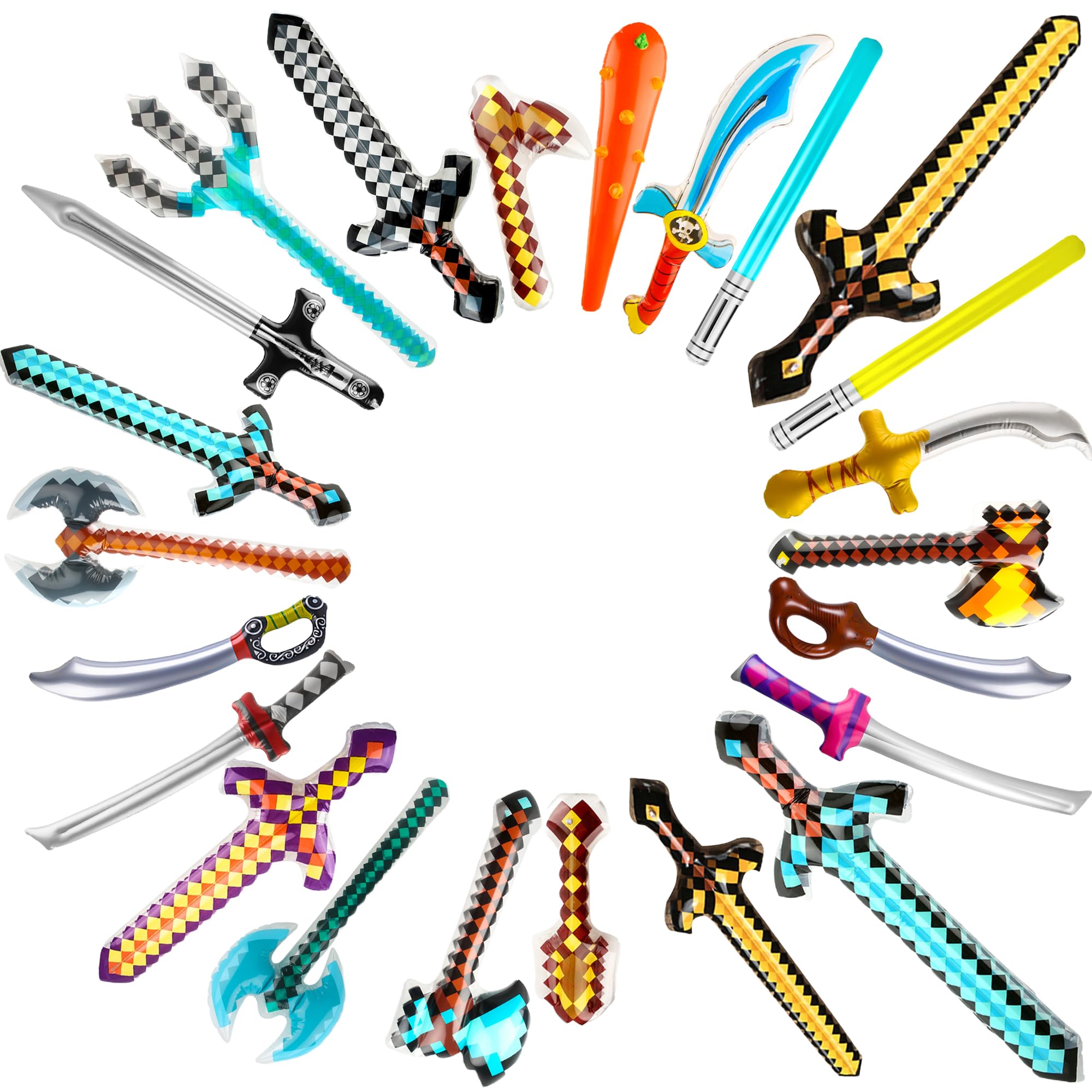 24 Pieces Inflatable Weapon Toys Blow Up Pixel Diamond Swords Axe Pickaxe Weapon Set for Kids Halloween Cosplay Pool Pixel Theme Party Favors