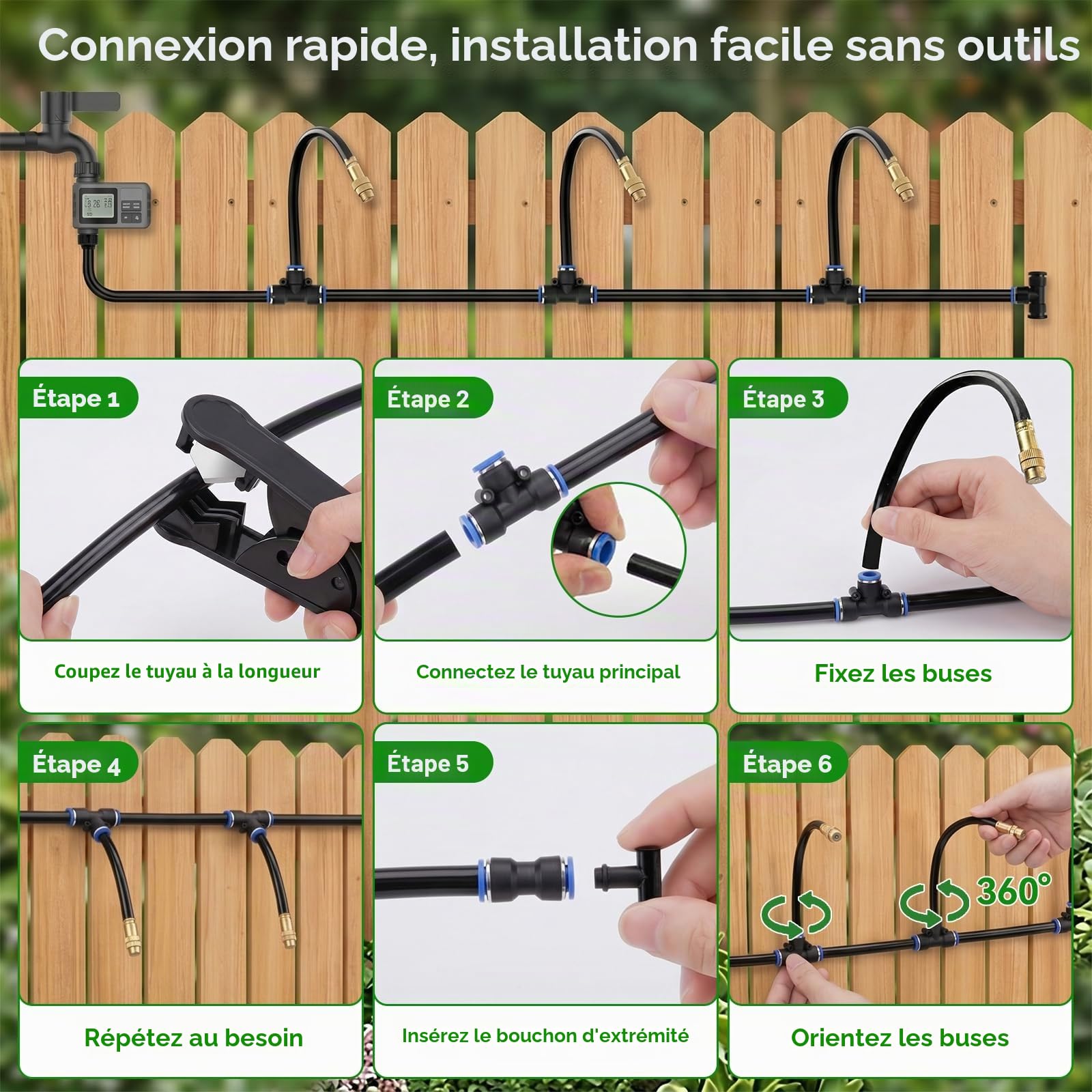 Système irrigation Automatique jardin 18m, avec Capteur Pluie et Minuterie | Kit Arrosage Automatique Goutte à Goutte avec Tuyau 18 m et 18 Buses 360°, pour Potager, Serre, Massif Fleurs, Plantes en Pot