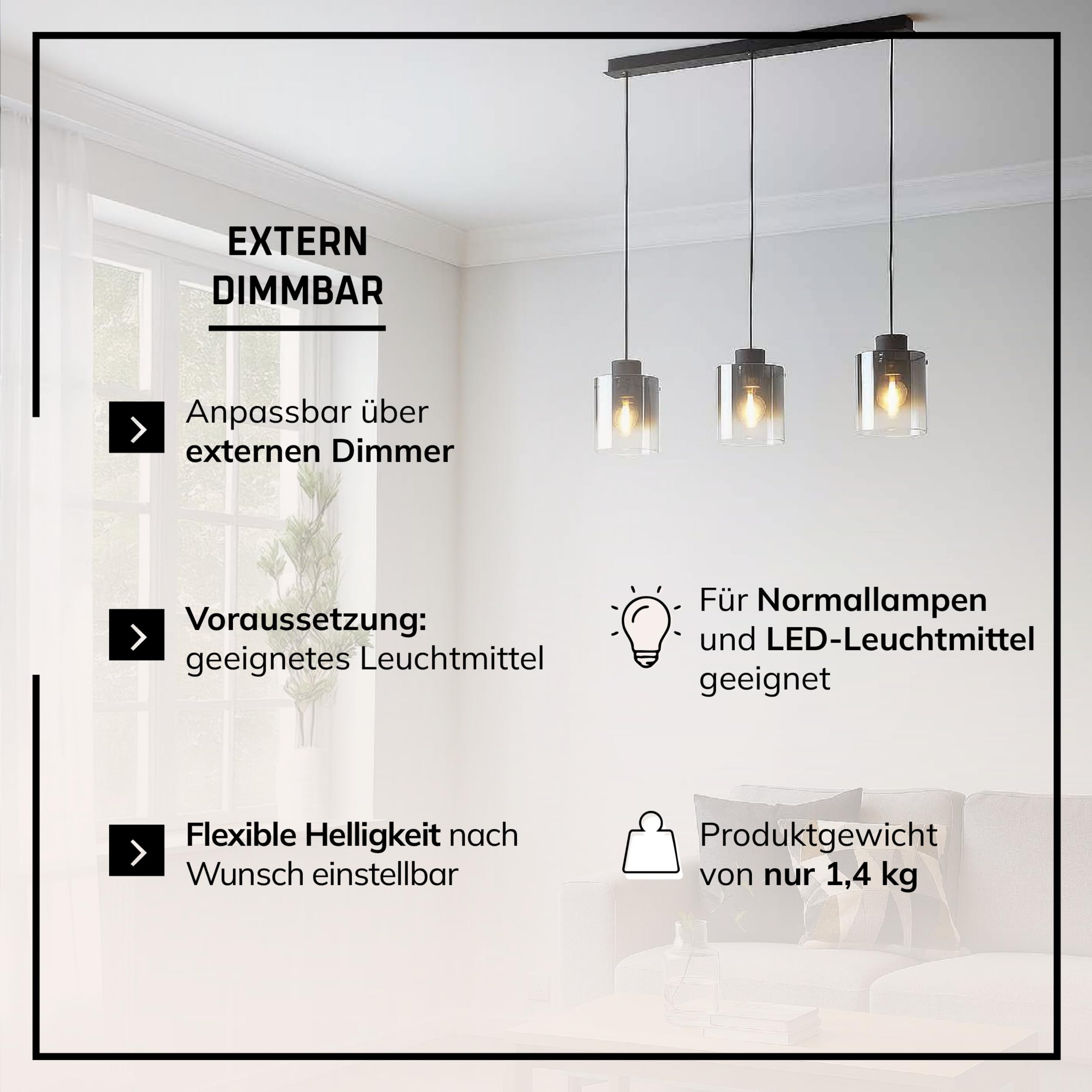 Lightbox Pendelleuchte 3-flammig - mit Rauchglas in Kaffee - Hängelampe für Esstisch, Küche & Wohnzimmer - exkl. E27 LED