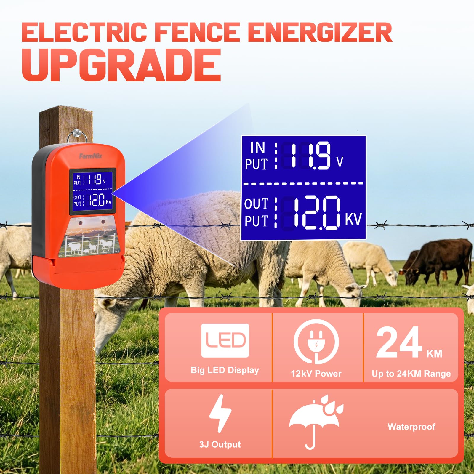 230V Weidezaungerät, Großes LED-Display, 3,0-J-Zaungerät für 24KM Elektrozaungerät, für Schutz von Nutztieren,Haustieren,Geflügel, Hausweide,Gärten | Großes LED-Display