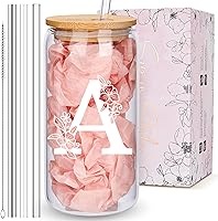 Personalized Monogrammed Tumbler with Bamboo Lid & Straws - Custom Initial Iced Coffee Glass Cup, Ideal Gift for Women, Bridesmaids, Moms