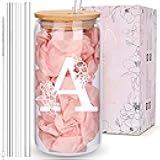 Personalized Tumbler, Monogrammed Can Glass Cups with Bamboo Lids and Straws, Customized Gifts for Women, Cute Design Initial Iced Coffee glasses, Custom Letter Mug, Birthday Bridesmaid, A