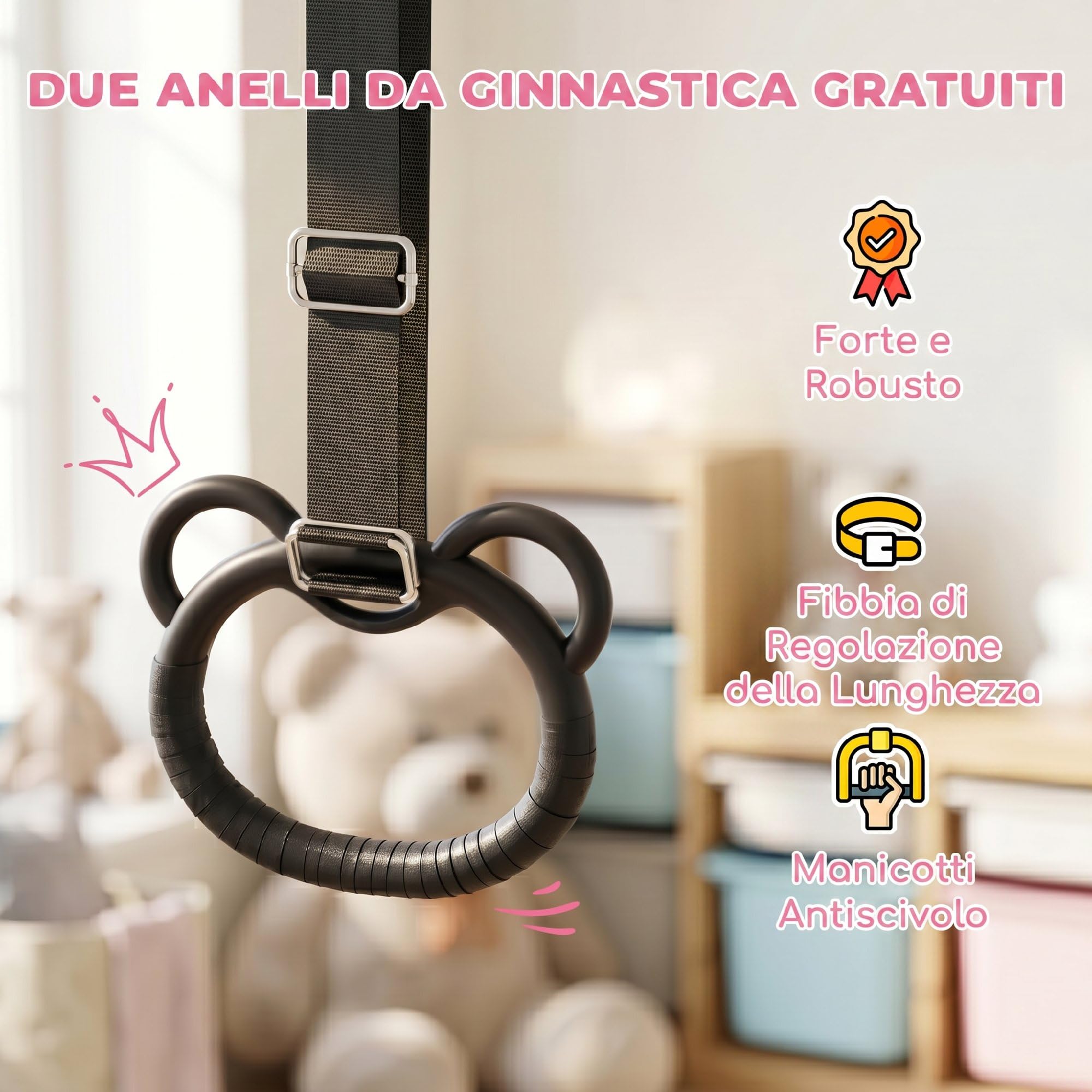 HOMCOM Sbarra Ginnastica Artistica da Casa Pieghevole per Bambini 3+ Anni, Attrezzatura da Allenamento ad Altezza Regolabile con 2 Anelli e Tappetini Antiscivolo