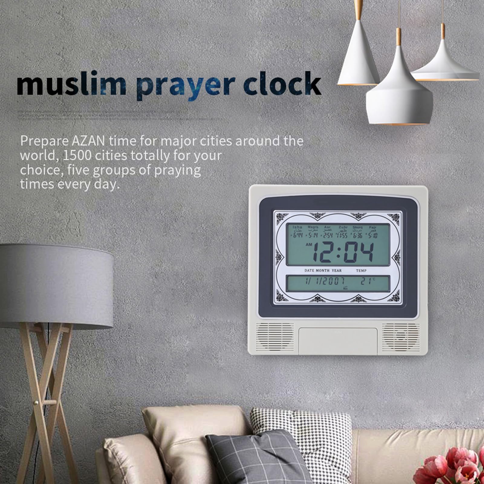 Islamische Uhr, Gebetsuhr, Muslimische Uhren, Muslimische Islamische Gebetsuhr, Betende Azan-Athan-Wecker-Wanduhr, Islamische Uhr, Gebetsuhr, Betende Wecker-Wanduhr mit Stift