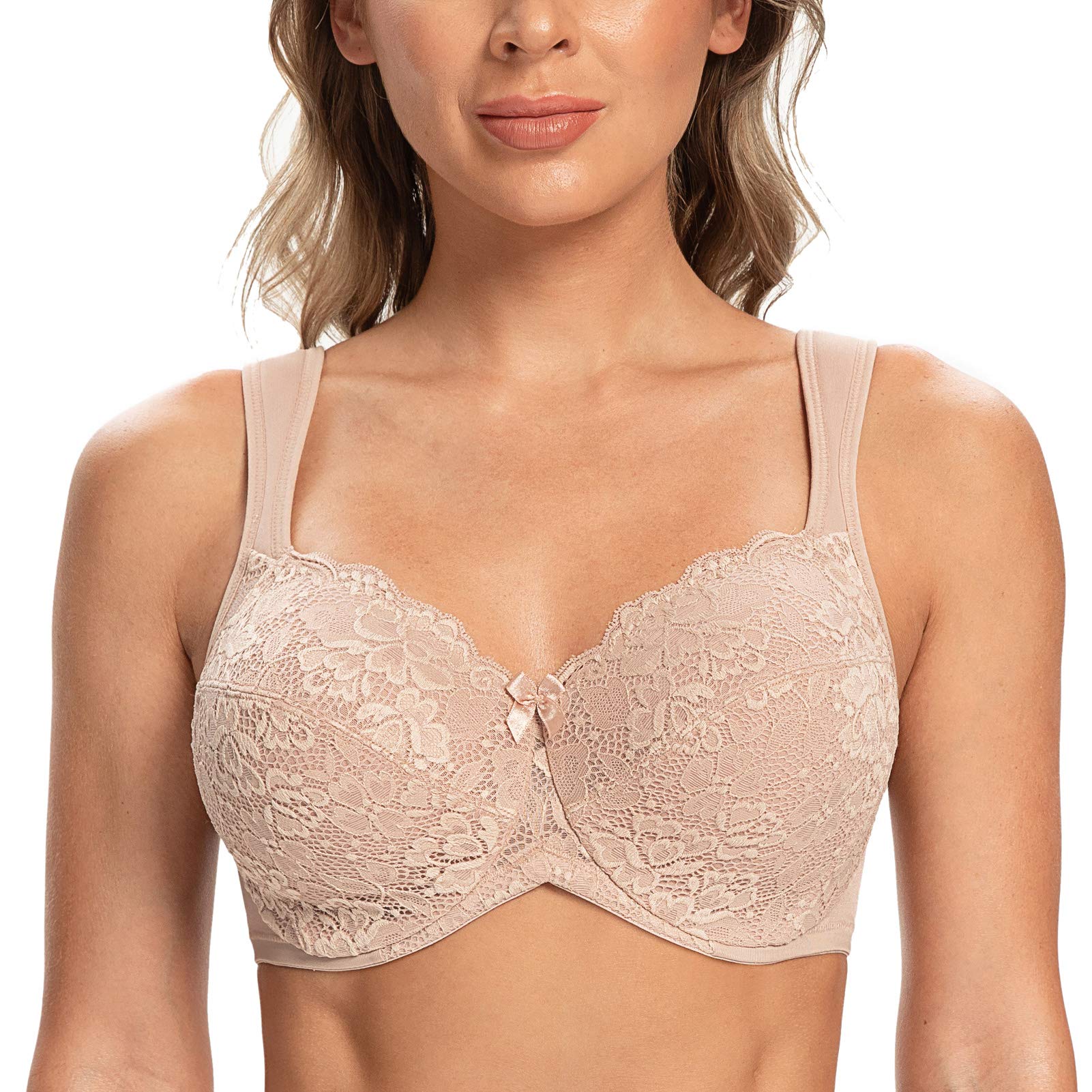 CASOLACE Women's Full Coverage Sexy Lace Underwire Unlined Comfort Minimizer Bra Beige-Lace 36I