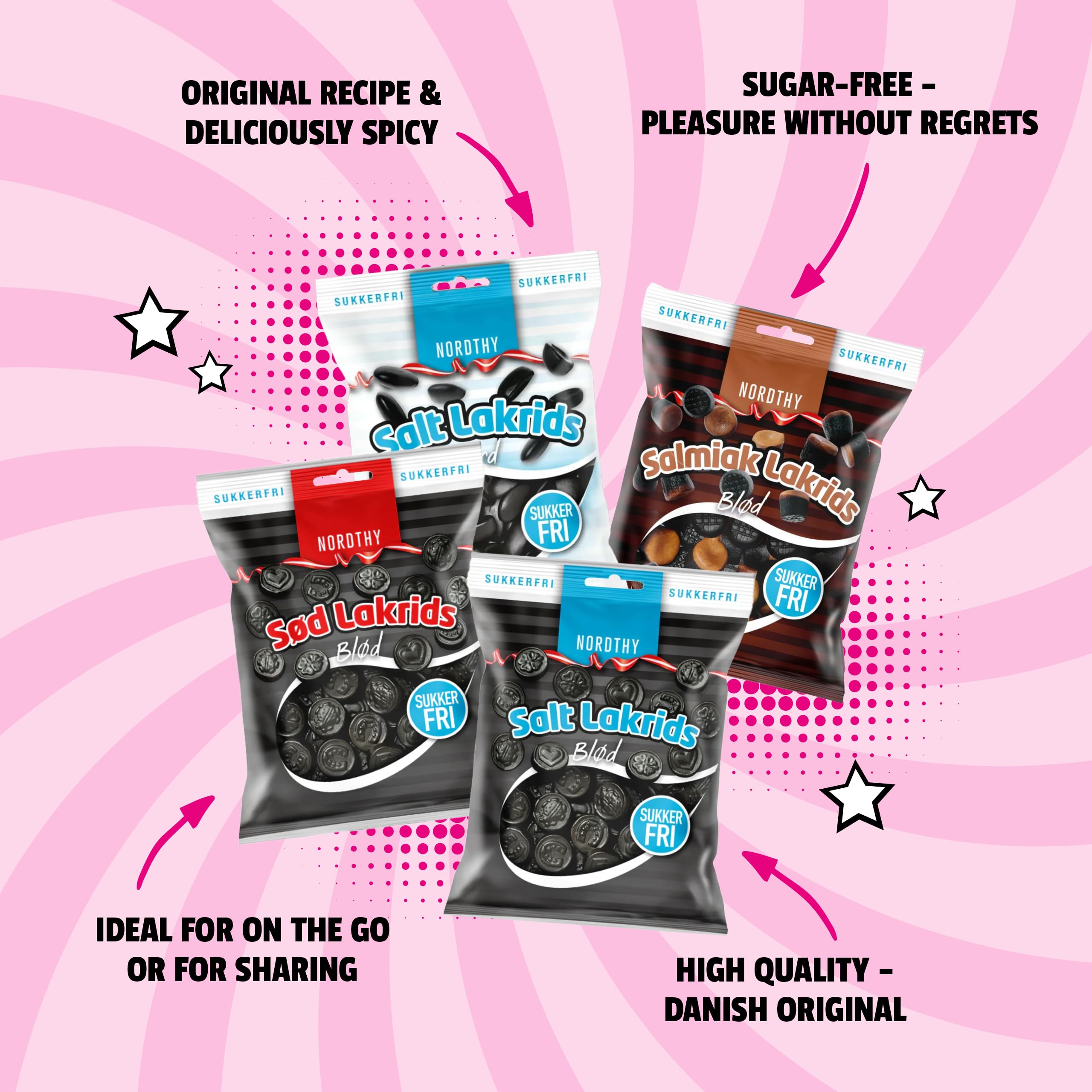 Nordthy Regaliz Sin Azúcar Mix 280g – Originales Dulces Daneses sin Azúcar – Low Calorie Dulce/Regaliz Salado/Salmiak/Pastillas de Salmiak – Dulces Saludables para Diabéticos