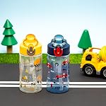 Zak Designs Sage Kids Water Bottle For School or Travel, 16oz Durable Plastic Water Bottle With Straw, Handle, and Leak-Proof, Pop-Up Spout Cover, 2-Pack Set (Construction and Rescue)