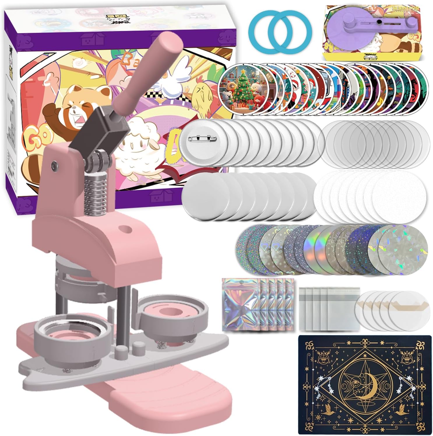 Button Maker Machine Pink 58mm (2.25 Inch), Installation-Free DIY Badge Punch Press, Pin Making Kit with 50 Button Parts, 100 Pictures, 50 Blank Papers, Circle Cutter, Cutting Mat & 14 Color Film