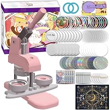 Button Maker Machine Pink 58mm 2.25 Inch, Installation-Free DIY Badge Punch Press, Pin Making Kit with 50 Button Parts, 100 Pictures, 50 Blank Papers, Circle Cutter, Cutting Mat & 14 Color Film