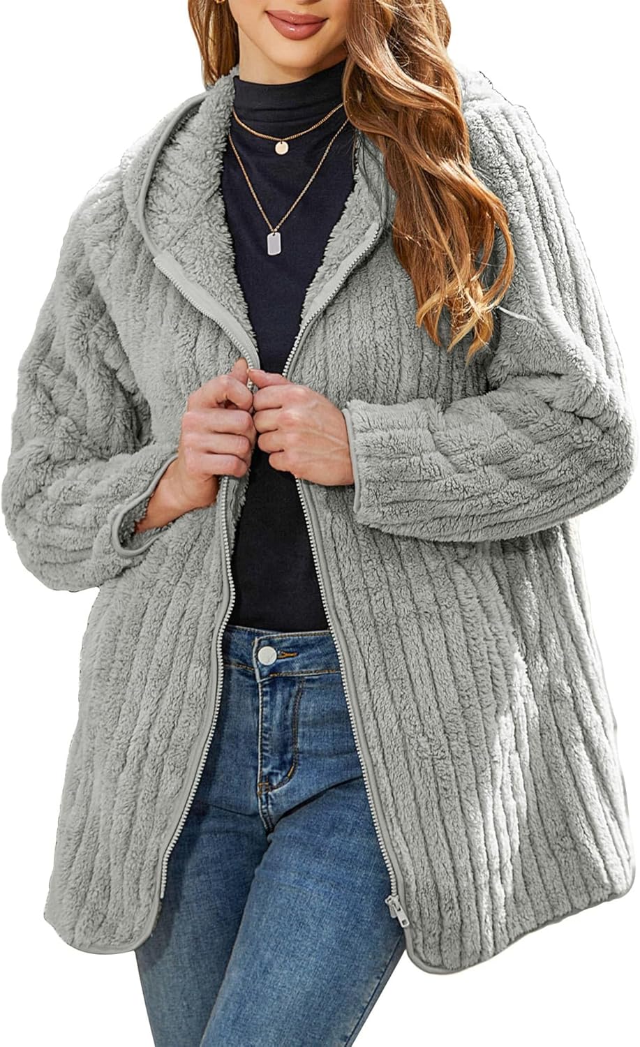 Vipwest Womens Fleece Jacket Hooded Winter Warm Full Zip Long Sleeve Sherpa Jacket Coat Outerwear with Hood (S-5XL)