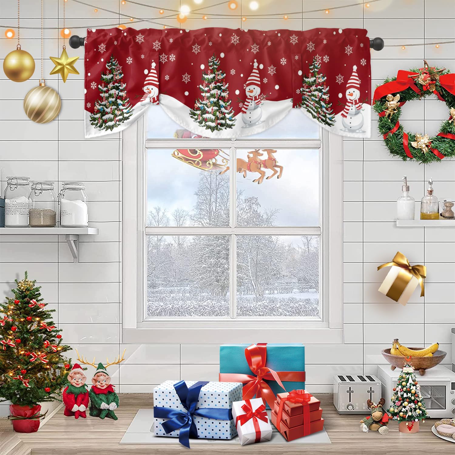 Christmas Snowman Tie Up Valance Curtains for Living Room Kitchen Valances for Windows Xmas Tree Snow Red Rod Pocket Window Valances for Bedroom 42