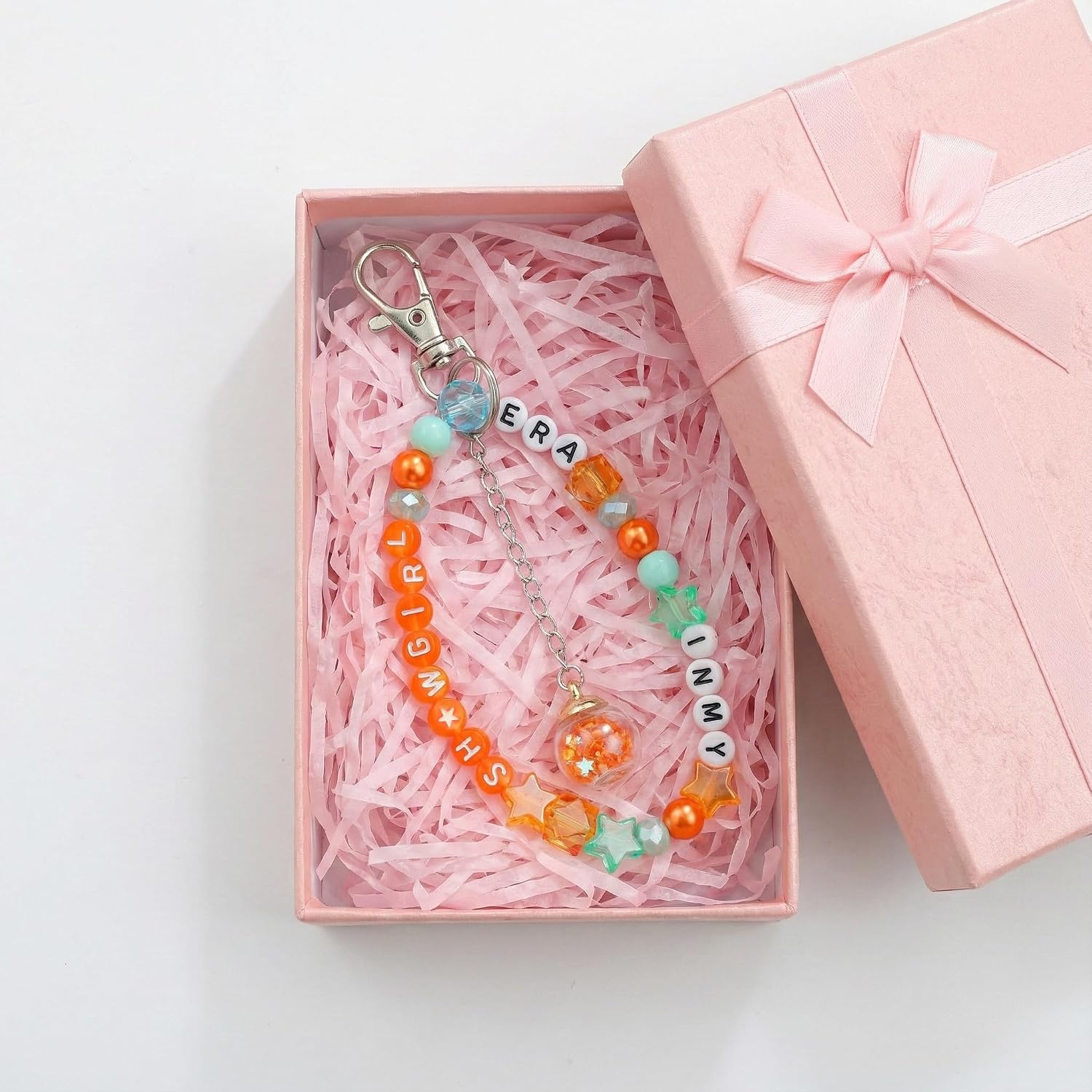 Coral Orange and Turquoise Blue Friendship Keychain Charm Bag, Beaded Stretch Keyring for Friends, Family, Elastic Layering Boho Jewelry, Christmas Easter Holiday Birthday Gifts image 5