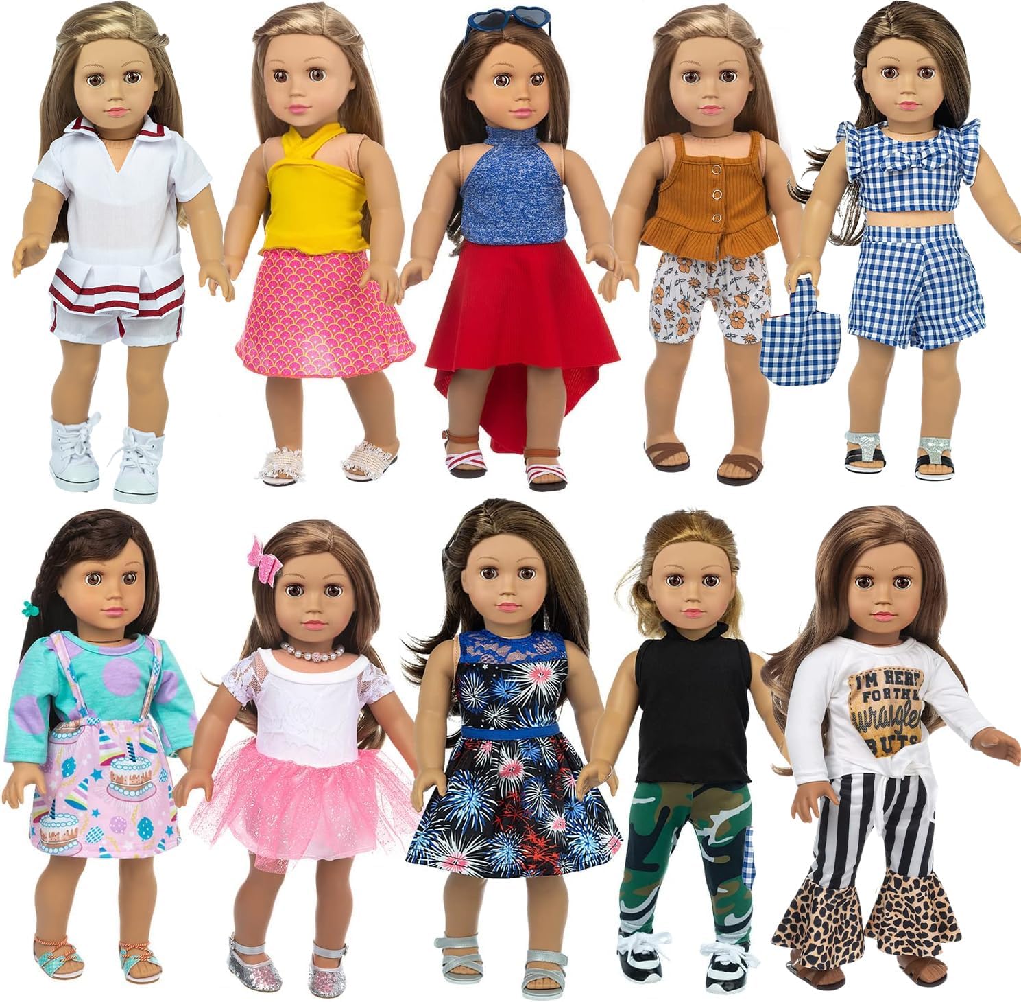XFEYUE 22 Pcs American 18 inch Doll Clothes Gifts and Accessories, Fit 18 inch Doll - Including 10 Sets of Various Styles Doll Clothes, Hair Clips and Sunglasses Handbags