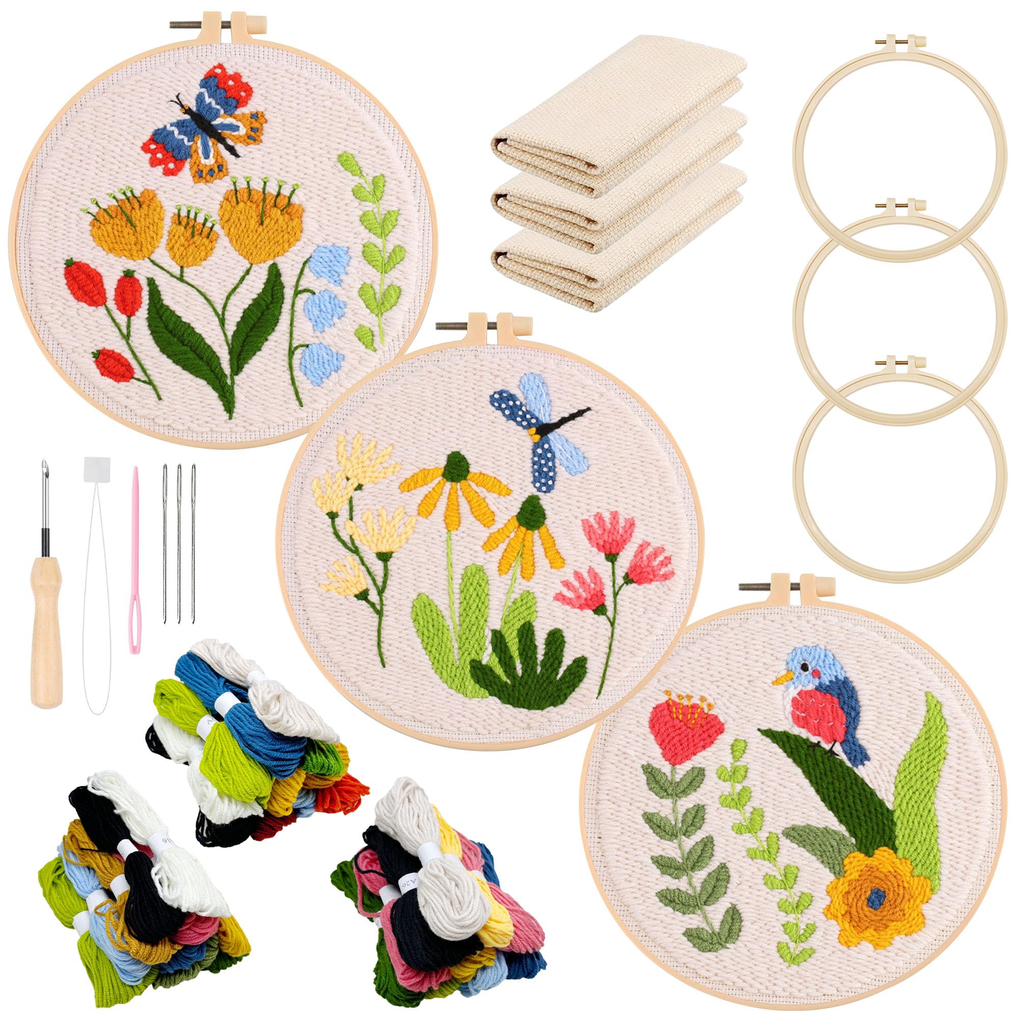Allazone 3 Set Embroidery Starter Kits for Beginner, Butterfly and Bird Punch Needle Kit with Instruction, Plastic Hoop, Yarns and Embroidery Handle Needle Pen