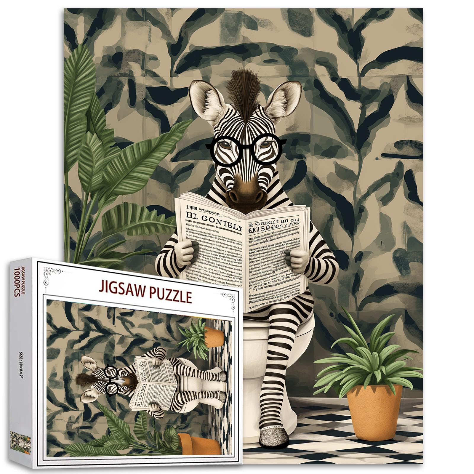 Tucocoo 1000 Pieces Jigsaw Puzzles for Adults Zebra Reading Newspapers Puzzle Funny Animals Nordic Bathroom Art Puzzles for Challenging Family Activity Game Colorful DIY Crafts Puzzle Wall Decor Gift — image 1