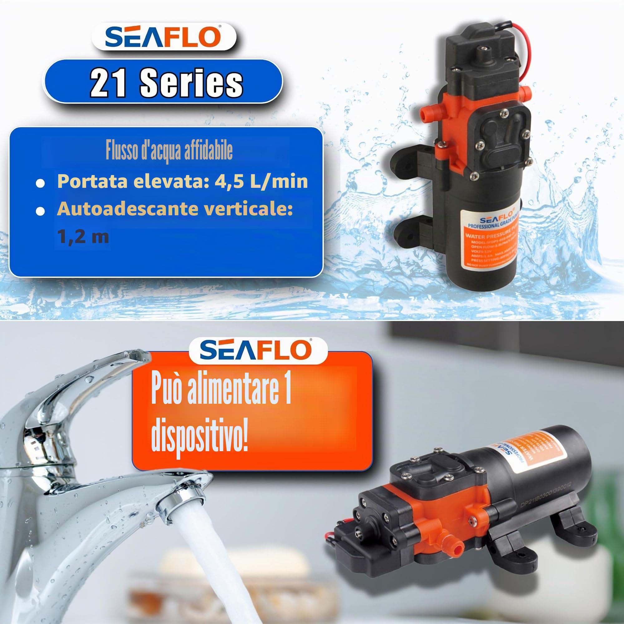 Seaflo Pompa a membrana a pressione dell'acqua, 12 V, 1,2 GPM, 35 PSI