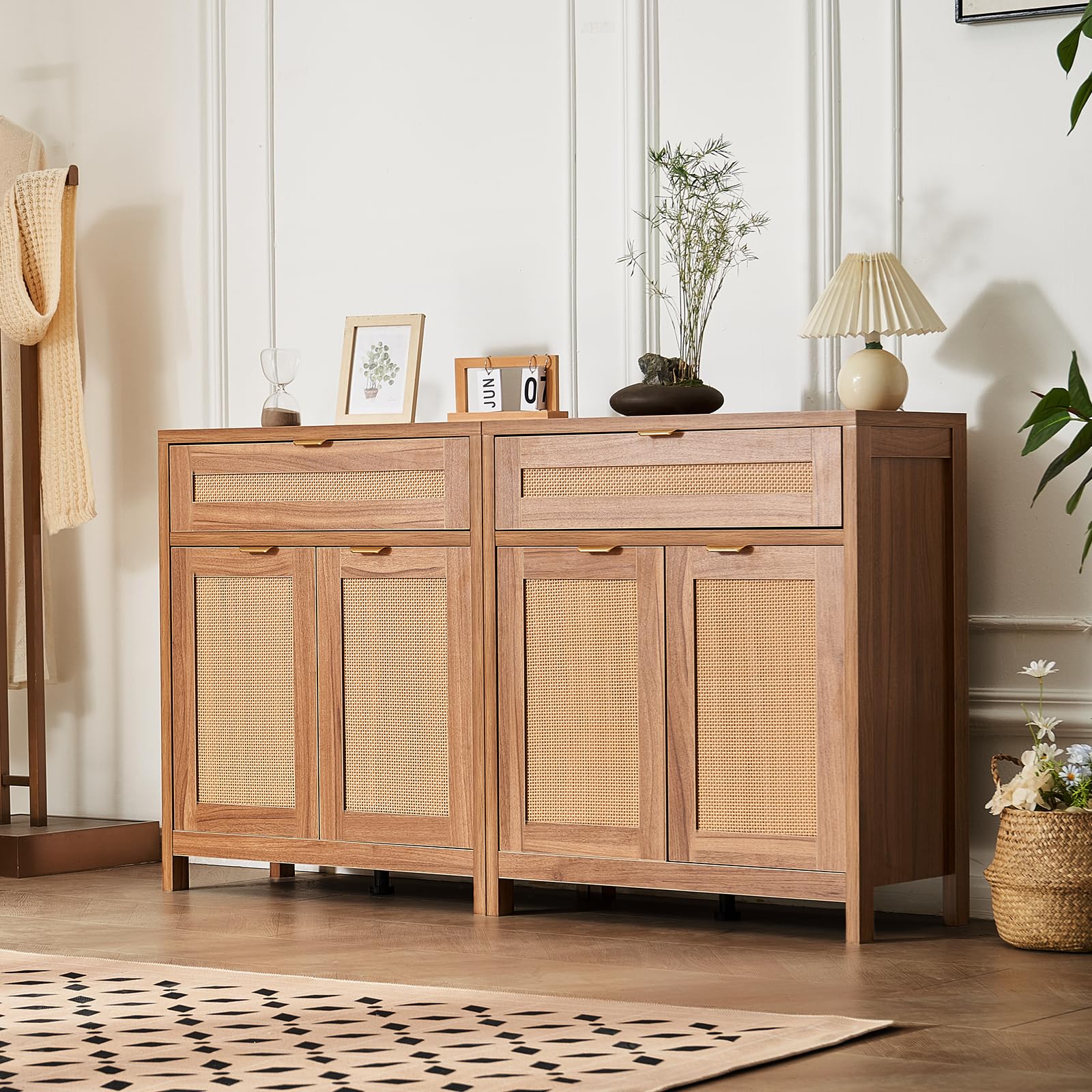 VEVOR Rattan Cabinet, Set of 2, Rattan Storage Cabinet with 4 Magnetic Doors and 2 Drawers, Sideboard Buffet Cabinet with Adjustable Shelves, Ideal for Hallway, Entryway,Living Room,or Kitchen,Natural