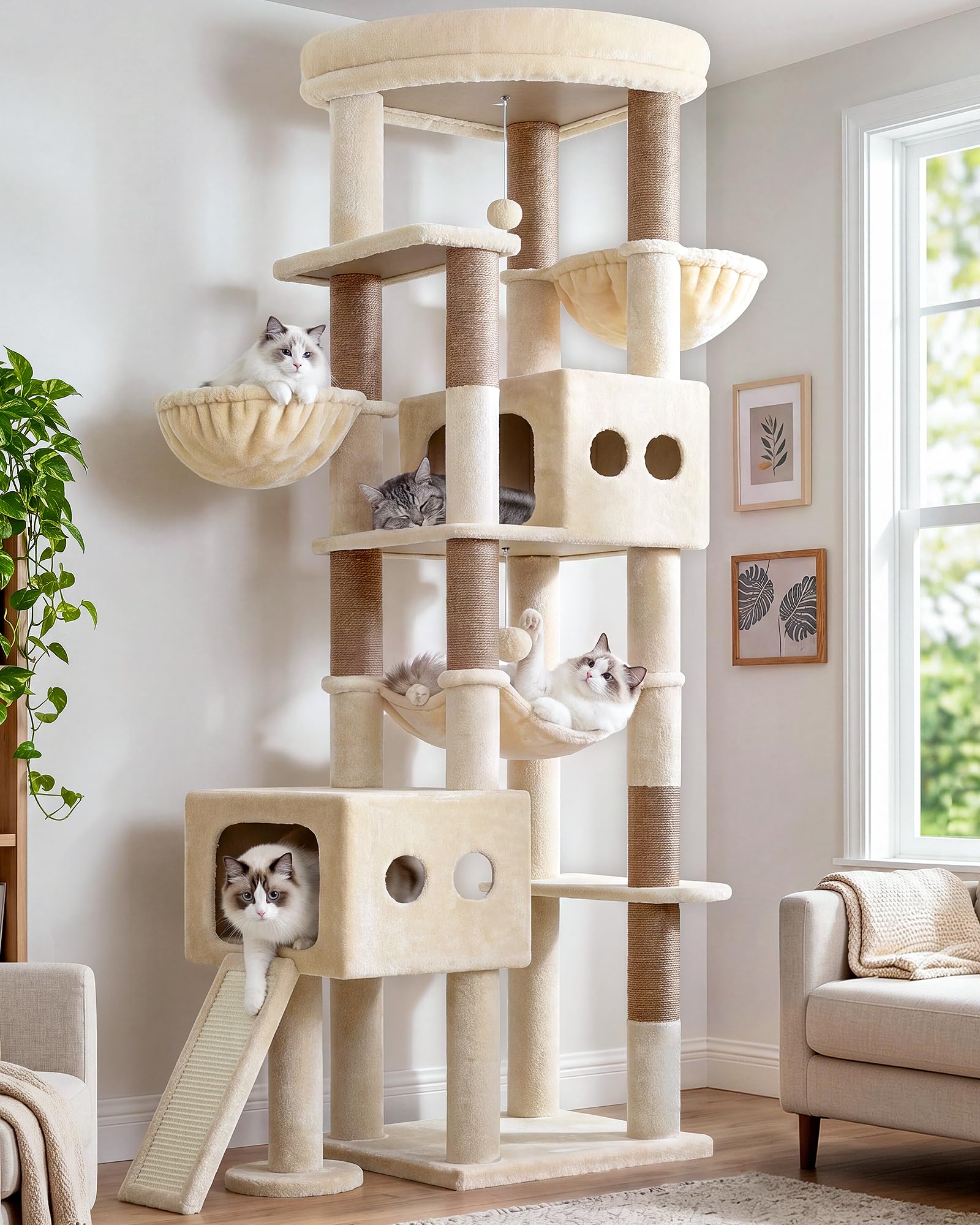 Photo 1 of Globlazer Cat Tower for Large Cats, 81 inch Cat Tree for Indoor Cats Large Adult, Tall Cat Tower with 2 Condos, 2 Baskets, Hammock, Large Perch, 8 Sisal Posts, Scratching Board, S81G, Beige