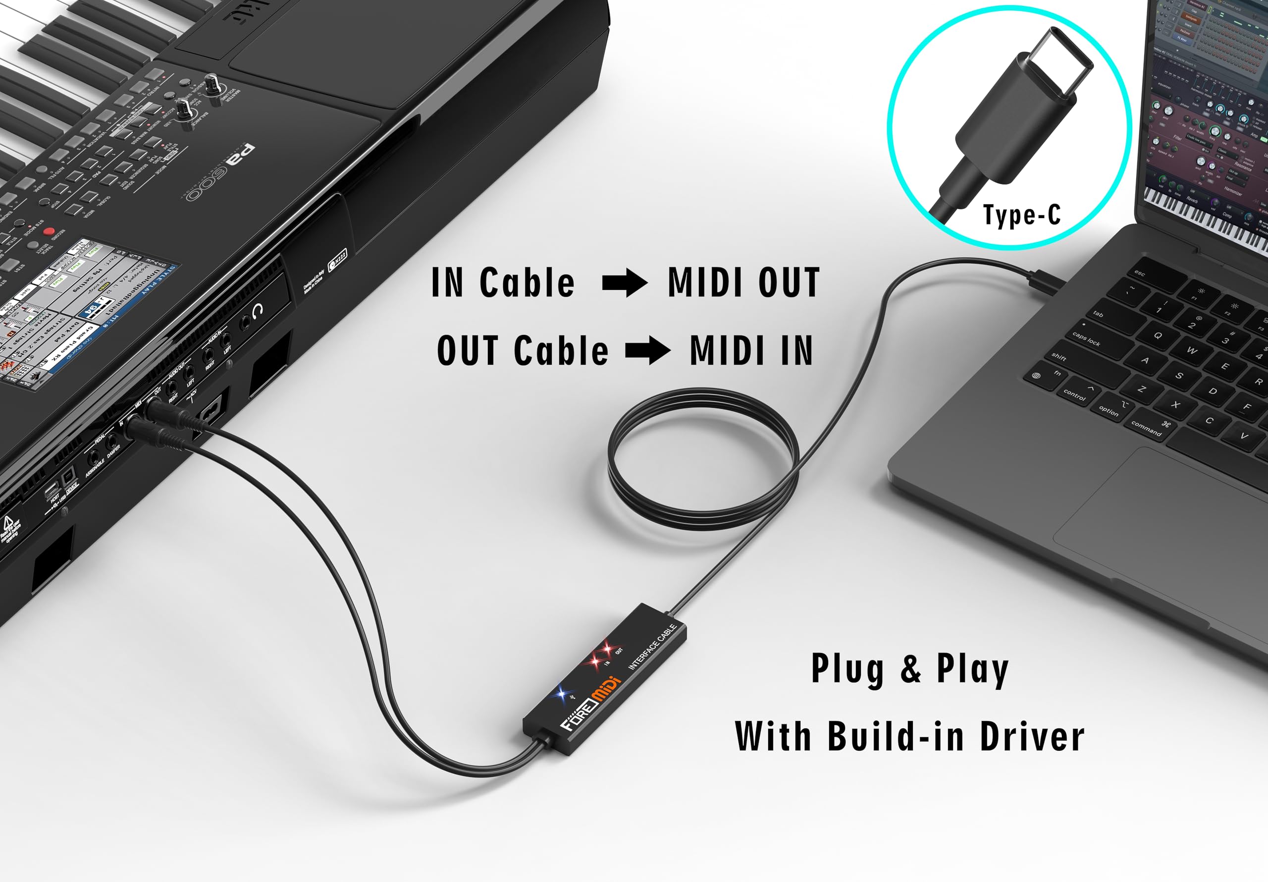FORE Interfaz MIDI a USB compatible con cable MIDI USB tipo C con entrada y salida, funciona con teclado MIDI/sintetizador/MIDI Deivce compatible con iOS y Android, Windows/Mac OS negro y naranja, 6.5