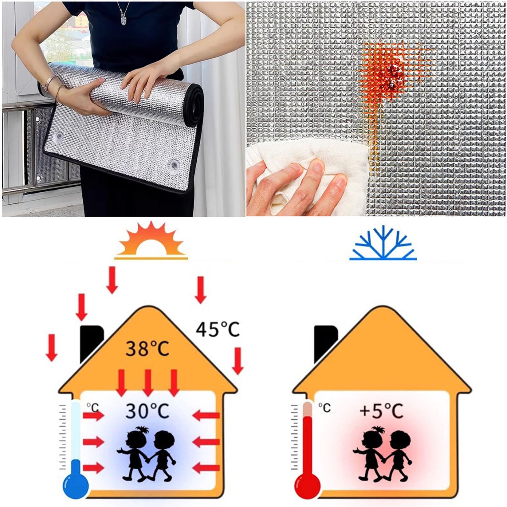 Pellicola Anticalore per Vetri Finestre,Pannello Termoriflettente,Pellicola Isolante Riflettente in Alluminio,Interno,Esterno,con Ventosa,Riutilizzabile,Personalizzabile (65cm x 120cm)