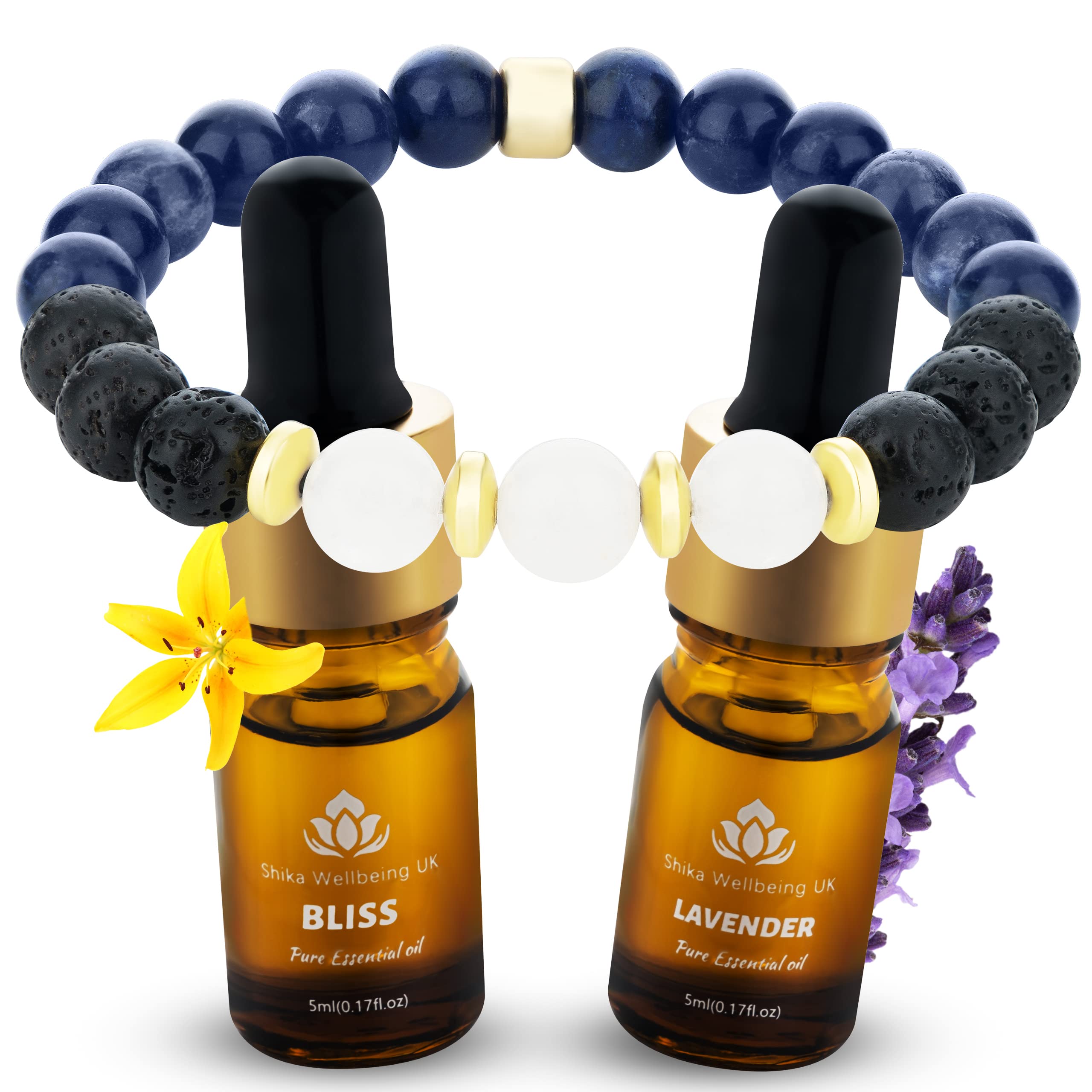 Shika Wellbeing Relaxation Gift for Women Sodalite & White Jade Anxiety Relief Lava Bracelet with Lavender & Bliss Essential Oils Aromatherapy Wellness Bracelet Crystal Healing Gift Set - Image 2