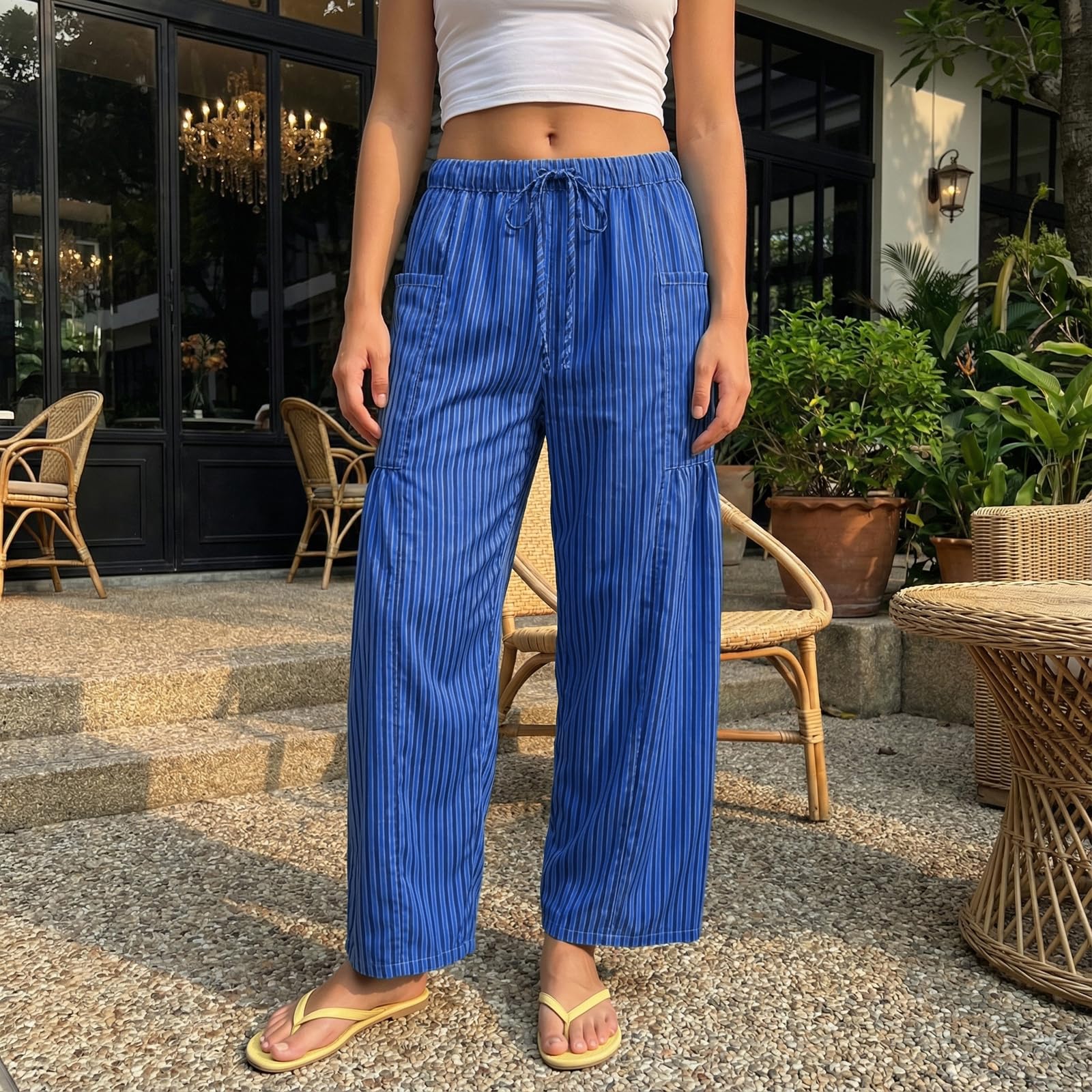Sexy Outfit Pantalon Sarouel rayé en Coton et Lin pour Femmes, Ample, Jambes Larges, Cordon de Serrage, Pantalon de Plage avec Poches, vêtements de détente d'été