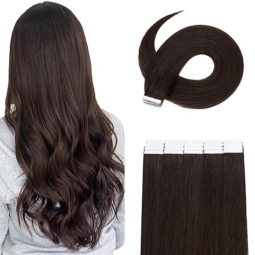 Miniatura 1 de MY-LADY Extensiones de cabello humano con cinta adhesiva, 16 pulgadas, extensiones de cabello Remy color marrón oscuro, 1.76 onzas, 20 unidades, sin
