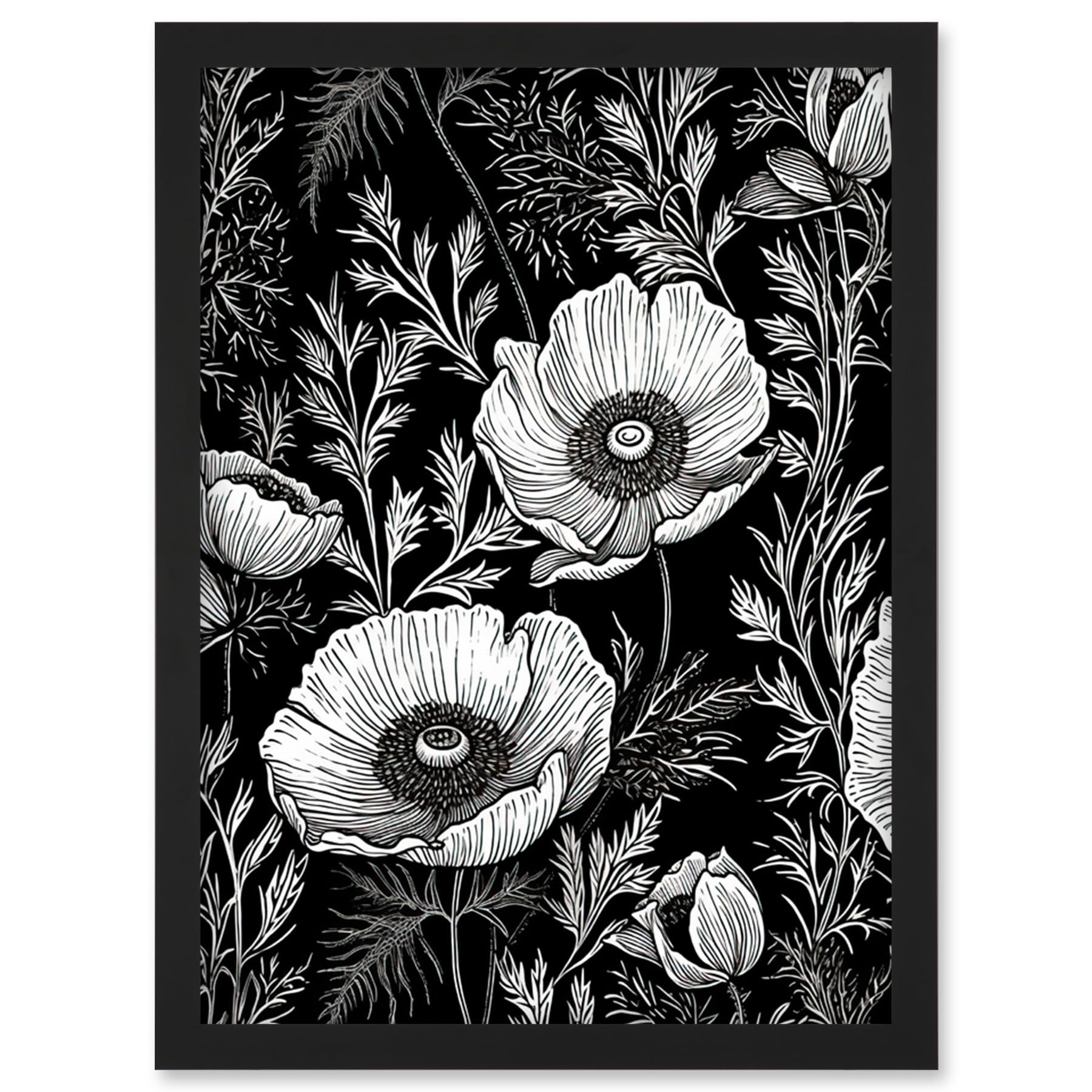 Artery8 Poppy Wild Flower Pattern Black and White Linocut Artwork Framed Wall Art Print A4