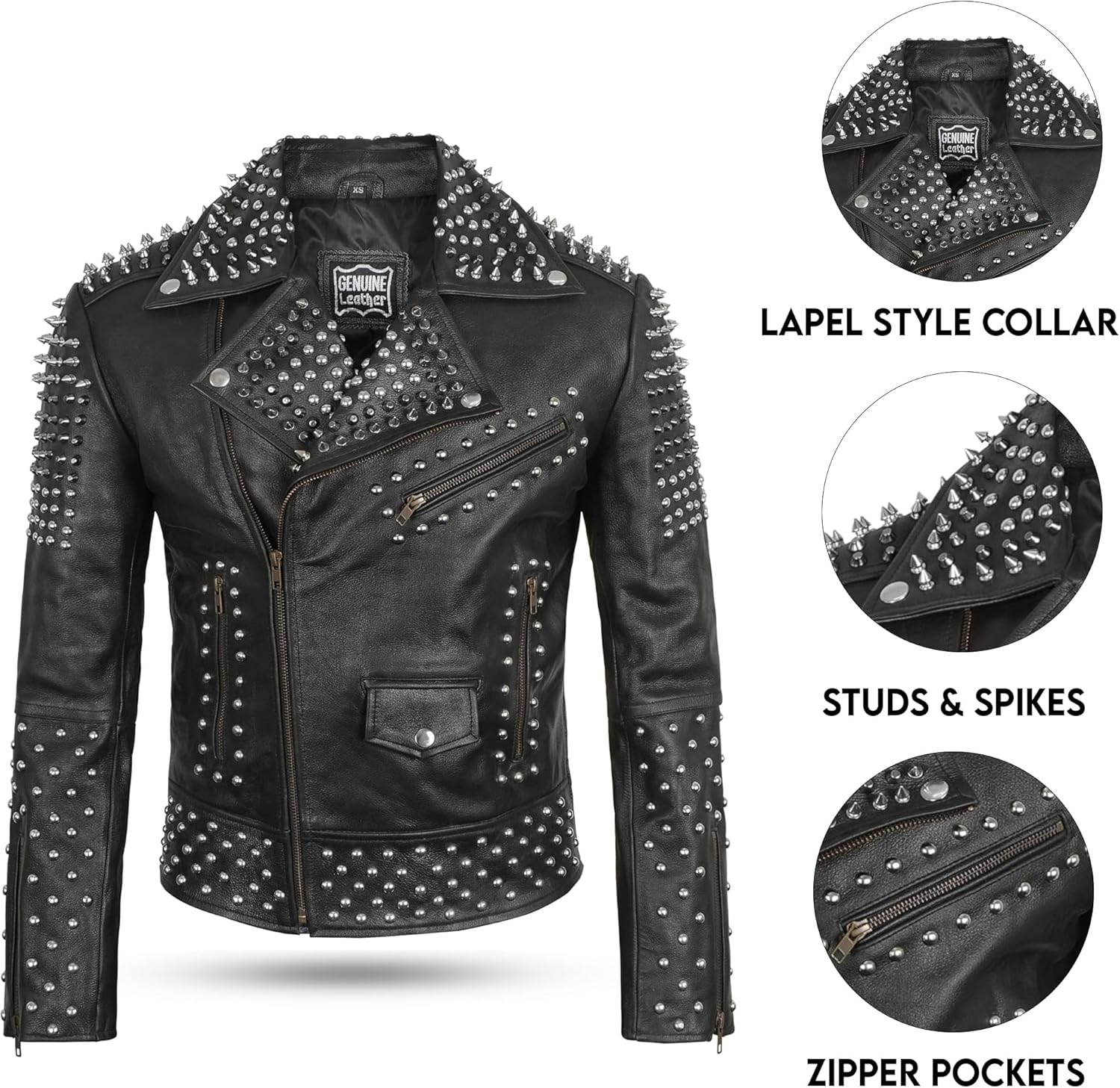 Men’s Brando Biker Rock Punk Studded Spike Black Motorcycle Cowhide Leather Jacket