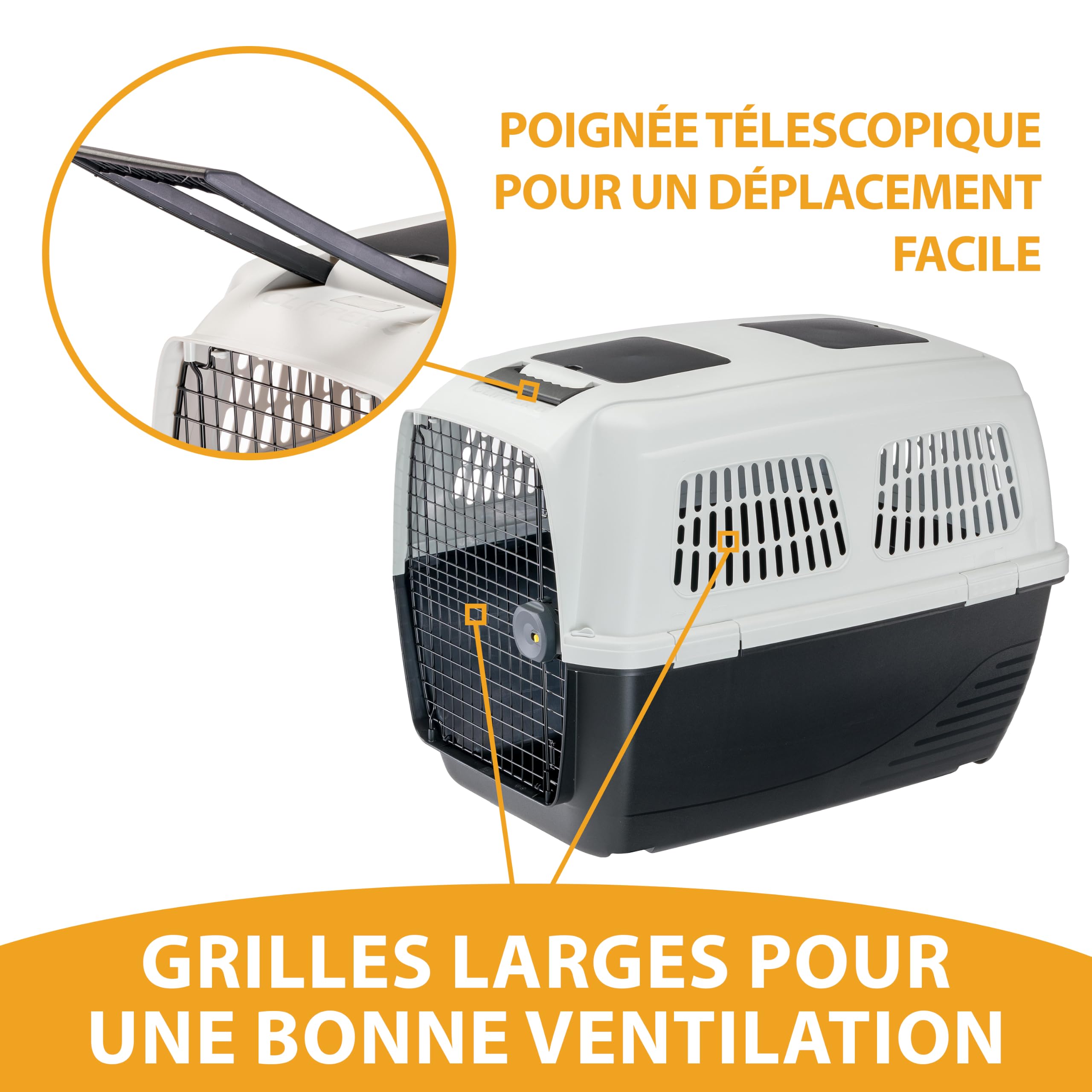 Ferplast Cage de Transport pour Chiens CLIPPER PLUS, IATA, Boite Panier Transport Grand Chien max 60 Kg, fermeture sécurisée, Compartiment pour accessoires, Poignée amovible, 105 x 75 x h 79 cm