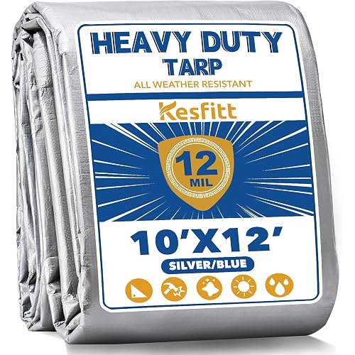 Kesfitt 12 Mil Heavy Duty Waterproof Tarp with Metal Grommets, 10x12 ft, Silver & Blue Reversible Poly Tarp for Outdoor Protection, Yard, Worksite, Pools, Vehicles, Equipment Coverage