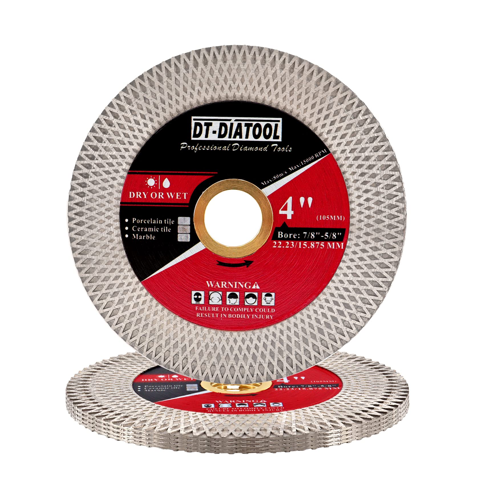 DT-DIATOOL Diamond Tile Cutting Discs 105mm Bore 22.23mm - Double-Sided X Mesh Cutting & Grinding Discs for Porcelain Marble Artificial Stone (5-Pack)