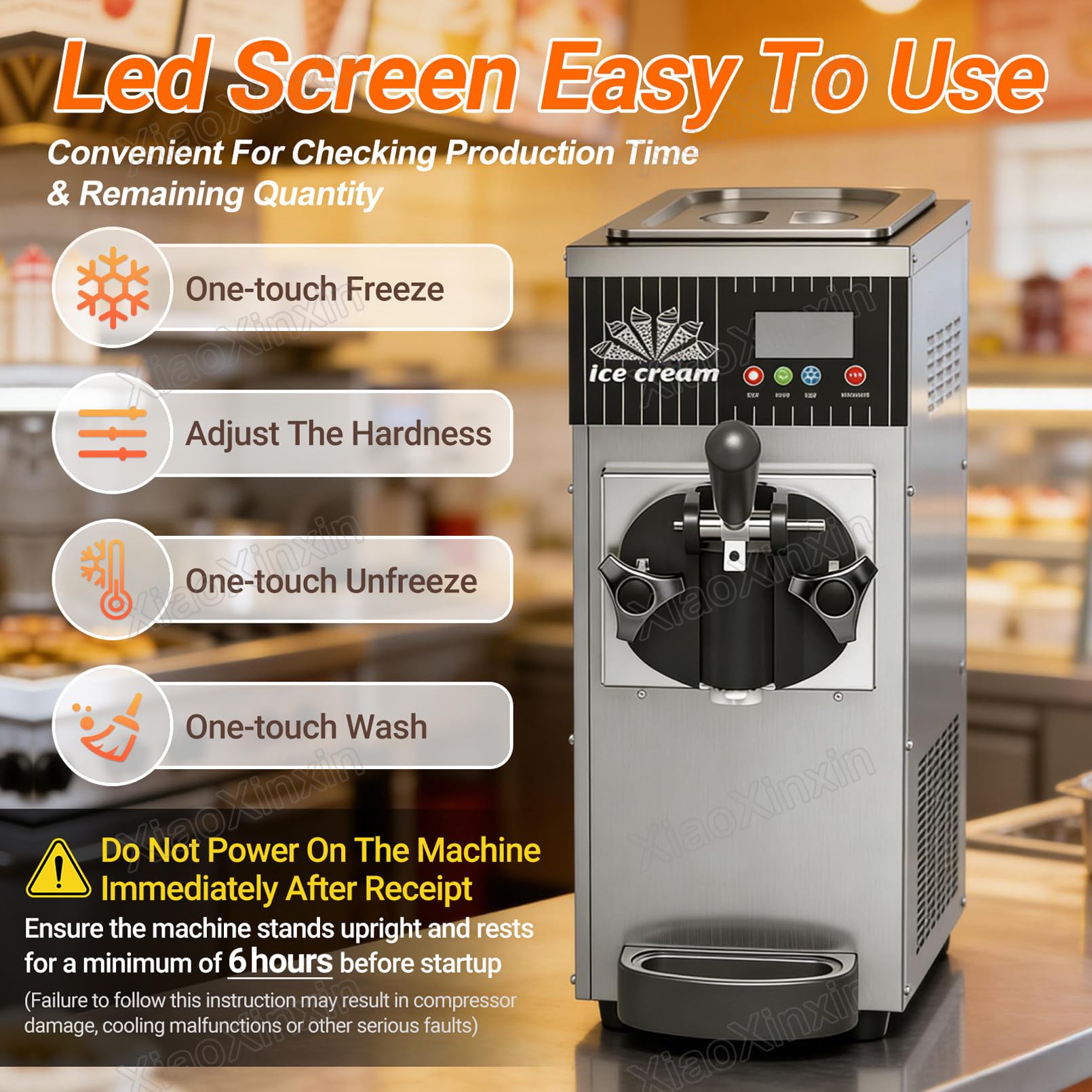 Macchina Professionale per Gelato, Macchina per Gelato Soft a Gusto Singolo da 450 W, Produzione 4–5 L/h, tramoggia da 2,5 L, Touchscreen, Pulizia Automatica e Pre-Raffreddamento White
