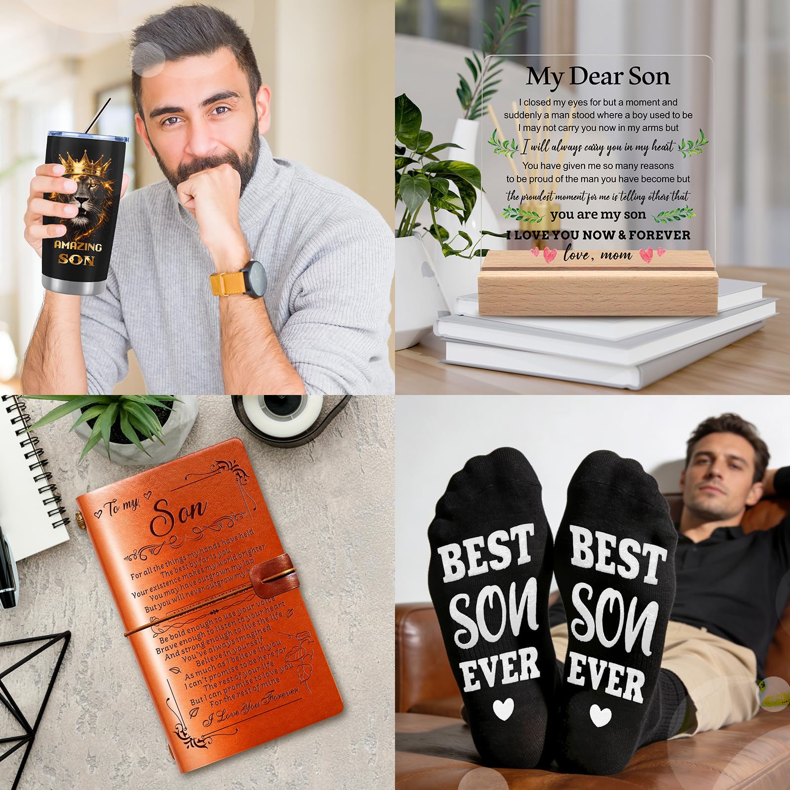 10 PCS Son Gifts from Mom with 20 Oz Tumbler, Leather Journal, Acrylic Desk Plaque Sign, Socks, Bracelet, Birthday Graduation Father's Day Christmas Valentines Day Gifts for Teens Adult Grown Son