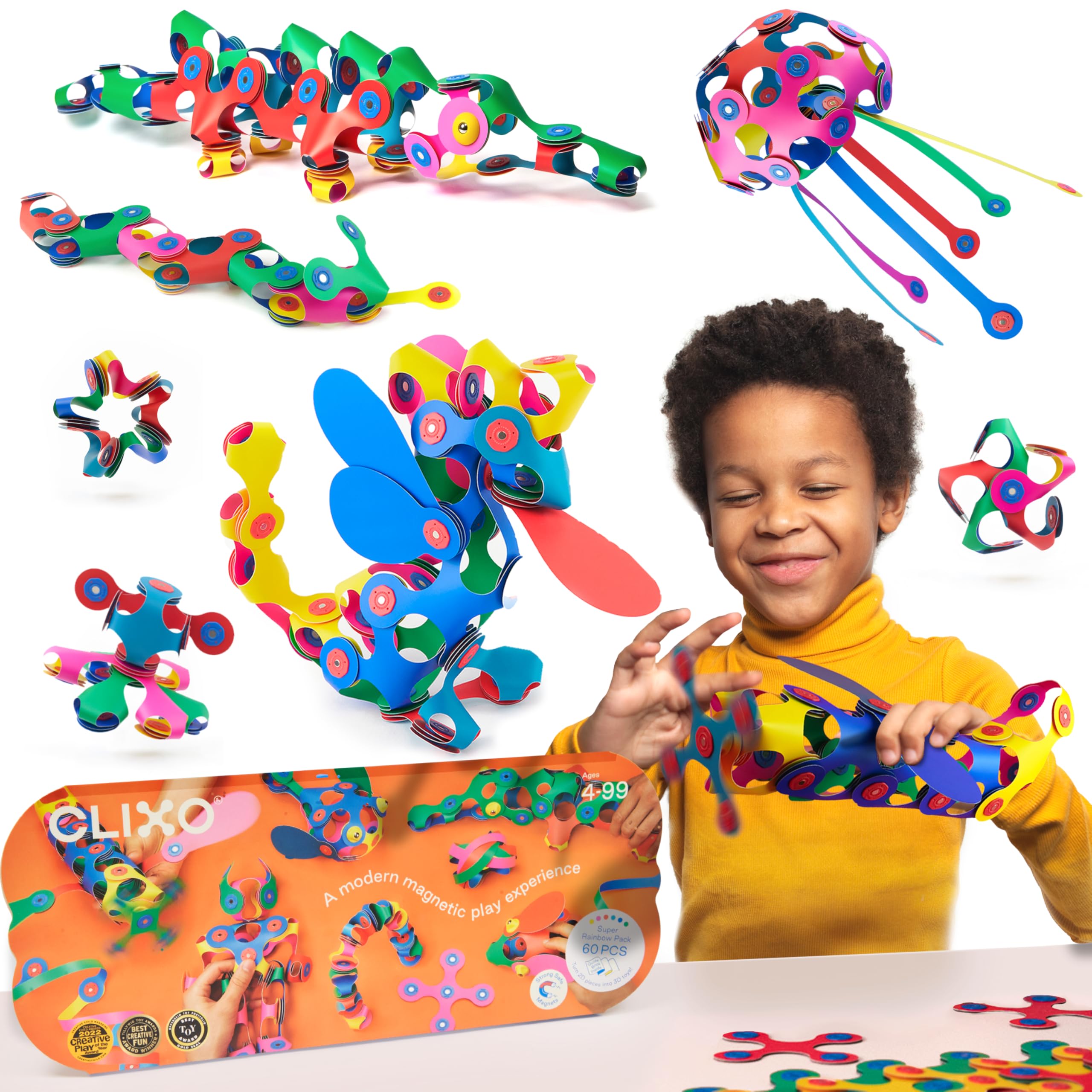 Clixo Super Rainbow 60 Piece Pack - A Creative, Travel Friendly Magnetic Building Toy, Flexible Design for Hours of Fun Creative Play, Great gift for Curious Kids, Ages 4-99